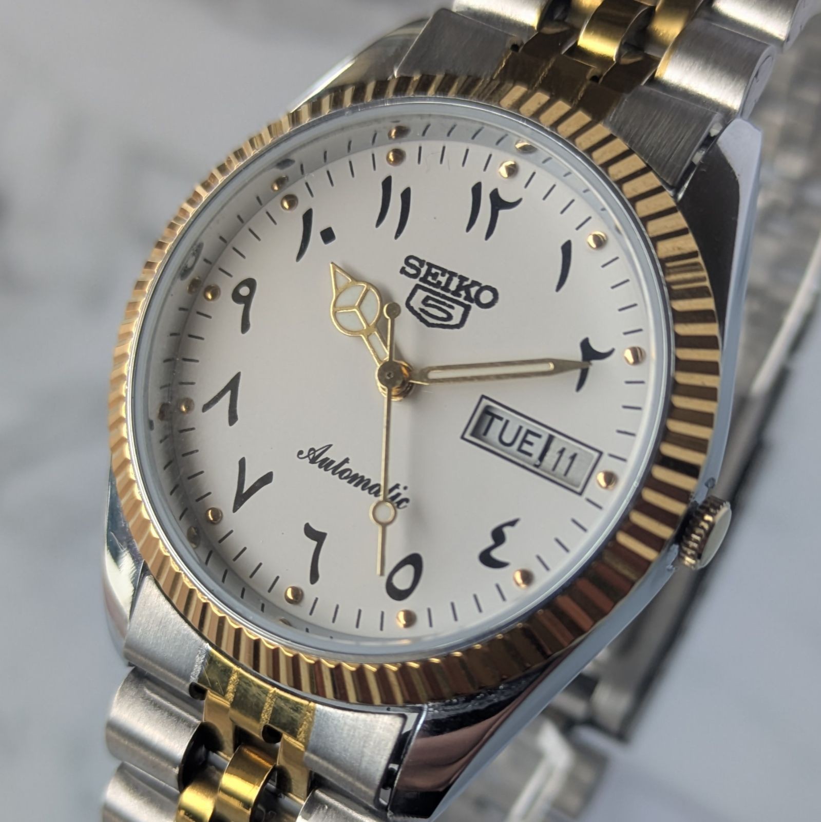 SEIKO 1980-1989 5 Automatic White Dial Gold Bezel Watch Wrist 19cm From Japan