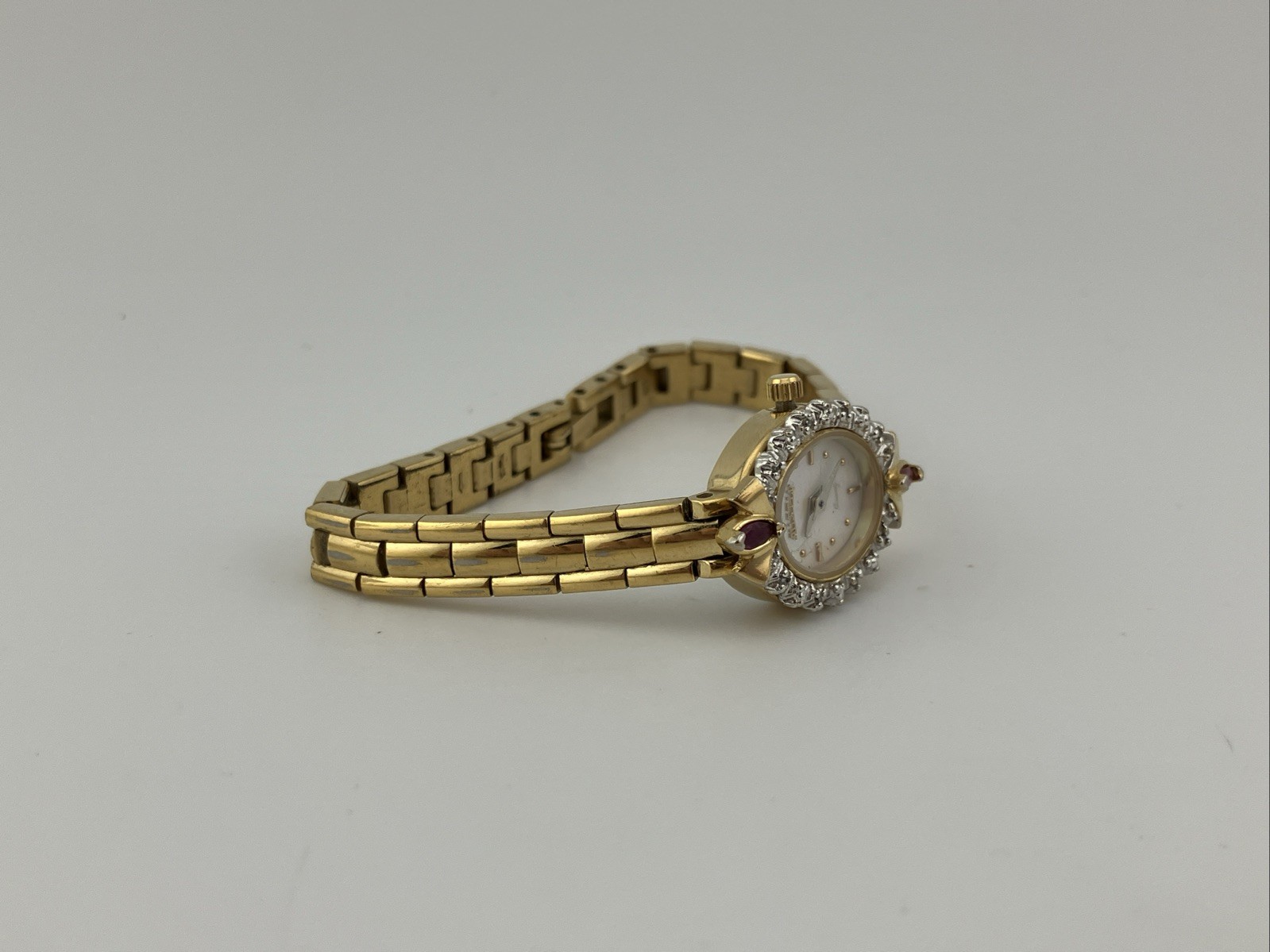 Vtg Austin Lades 17mm Watch Gold Tone Diamond & Ruby Bezel MOP Dial 5.75″ – RUNS