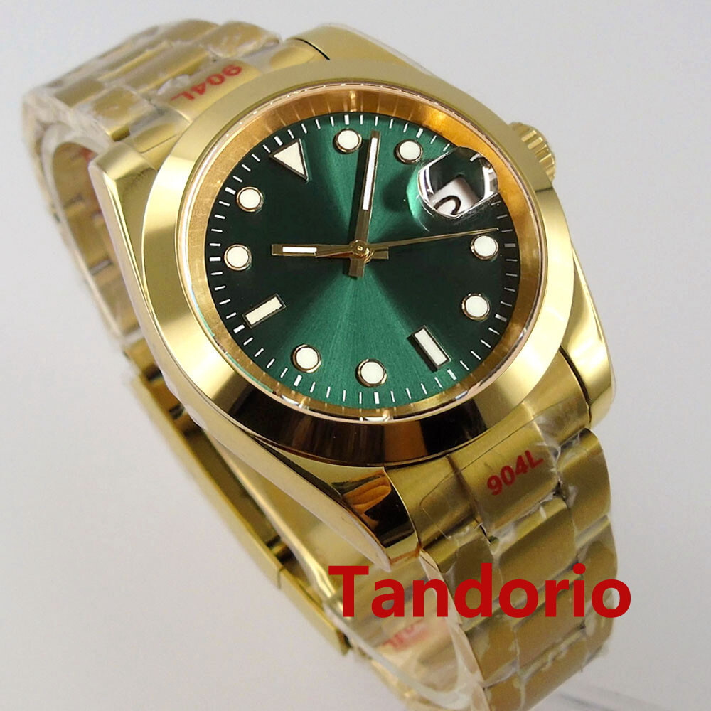 39mm Bliger Green Dial Gold Plated Sapphire Glass NH35A PT5000 Auto Fluted Bezel