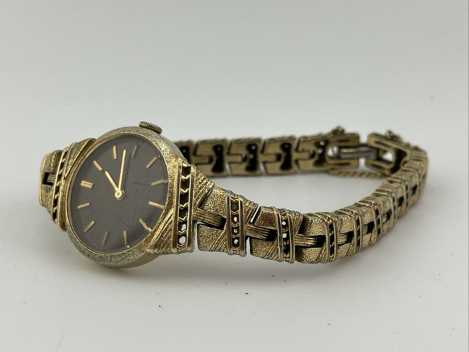 Vtg Seiko Ladies 20mm Watch Gold Tone Dark Brown Dial 6″ 1400-6960 -RUNS