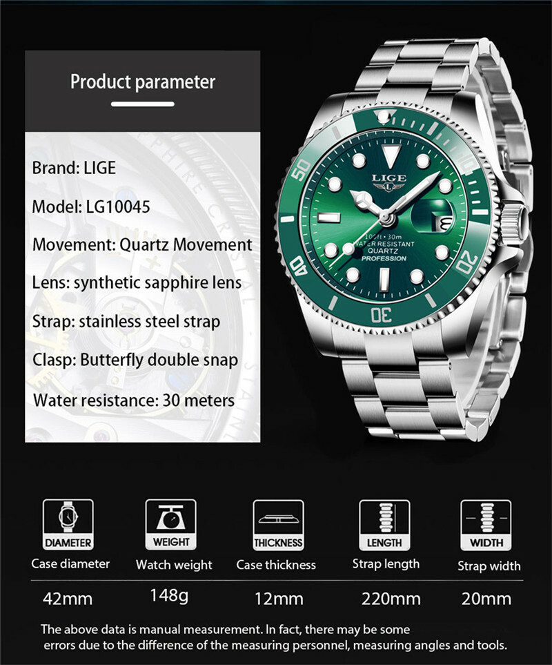 LIGE Mens Watch Fashion Brand Luminous Steel Wristwatch Business Male Watches