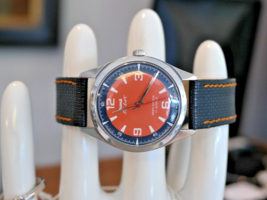 HMT Pilot Mechanical Watch Salmon/Blue Arabic & Baton Dial 17 Jewels Para Shock