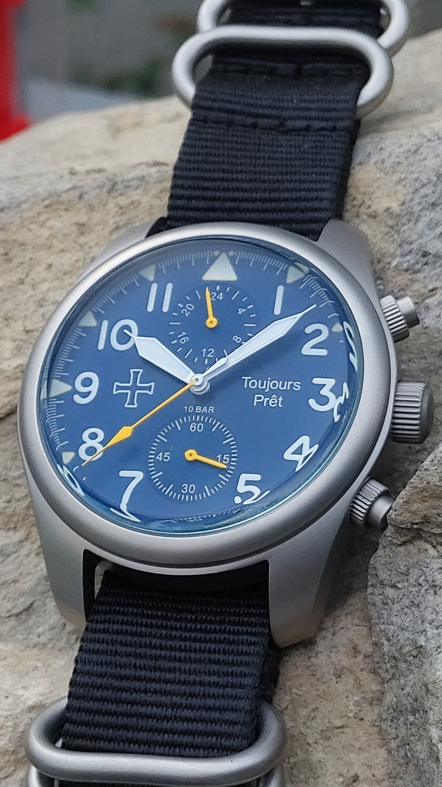 Toujours Pret GMT military field watch. Blasted stainless steel – Blue