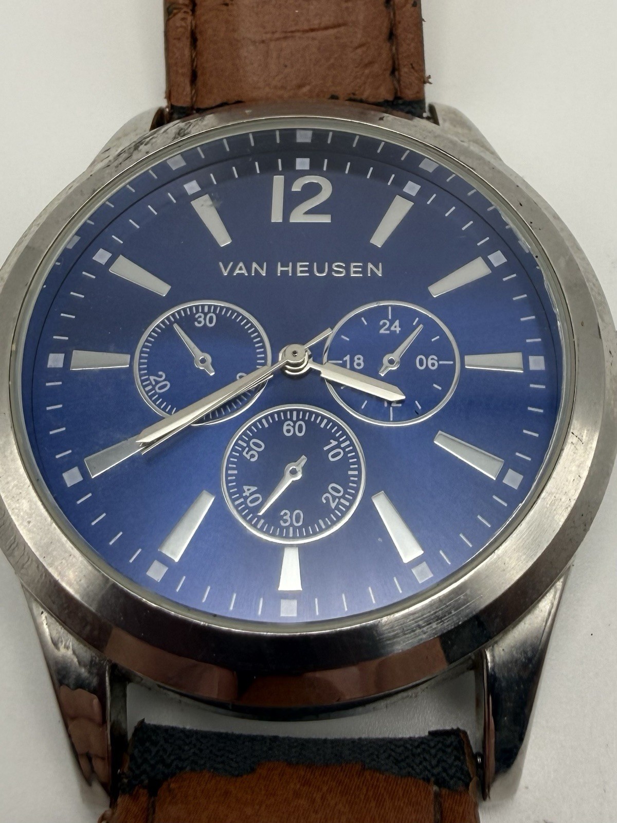 Van Heusen Mens Quartz Analog Blue Dial Silver SS Brown Leather Strap Watch