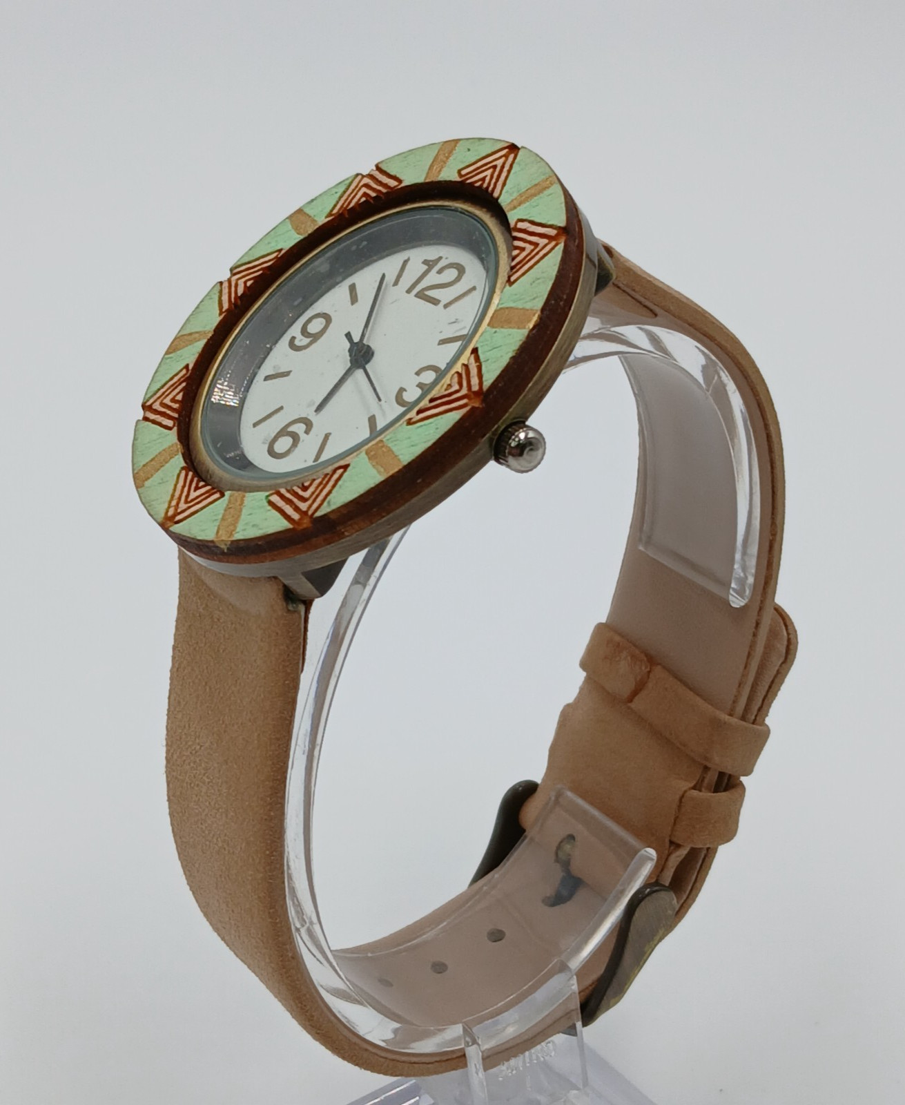 B Swap Watch 8in Wrist Tan Suede Hand Painted Aztec Teal Bezel Quartz WORKS