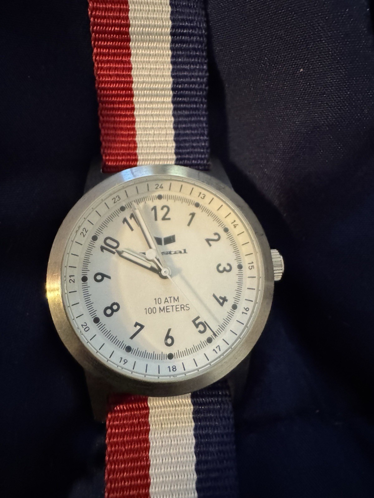 Vestal Analog Quartz Wristwatch White Dial 100m 10 ATM Red/White/Blue Strap