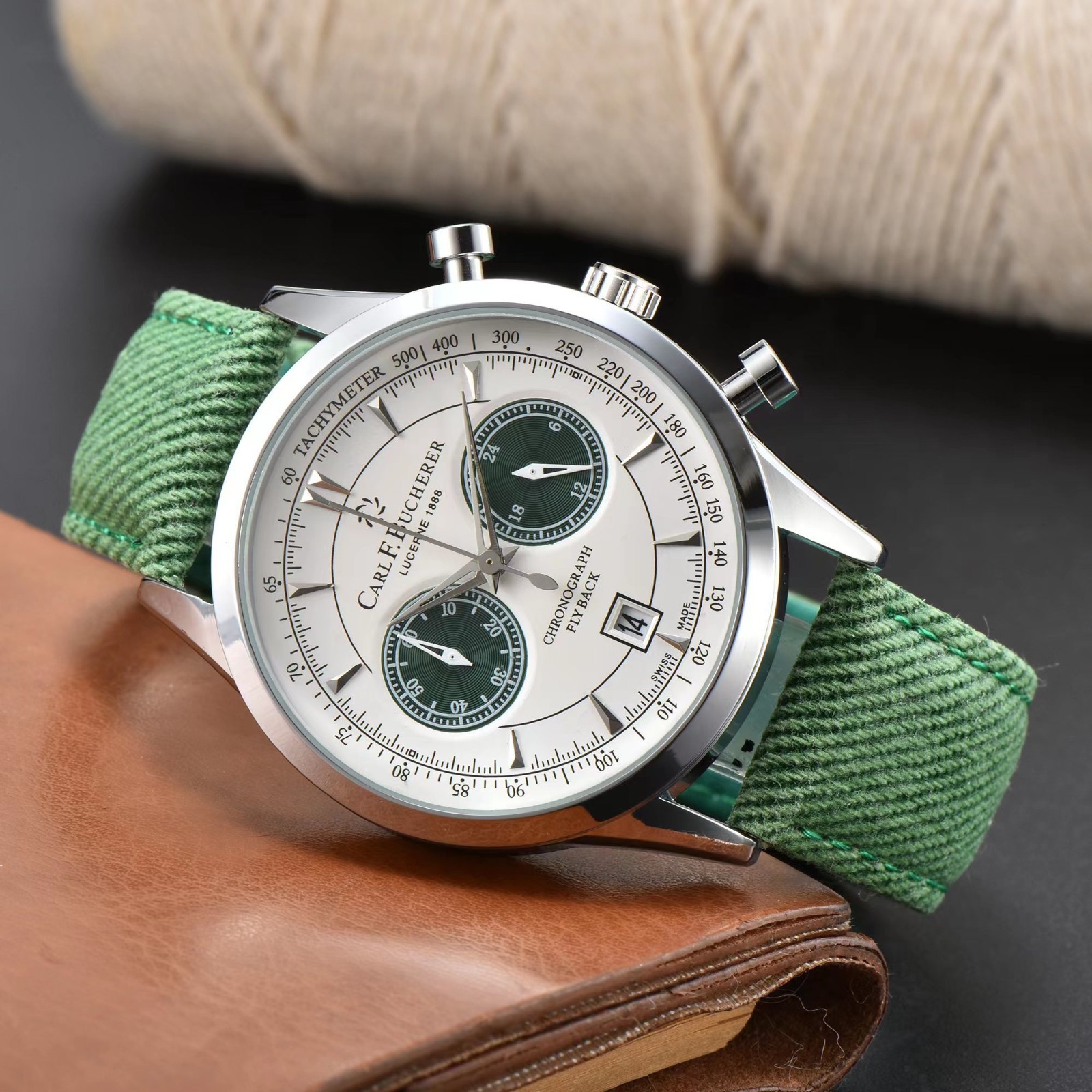 Carl F. Bucherer style chronograph watch Burgundy sub dial nylon strap