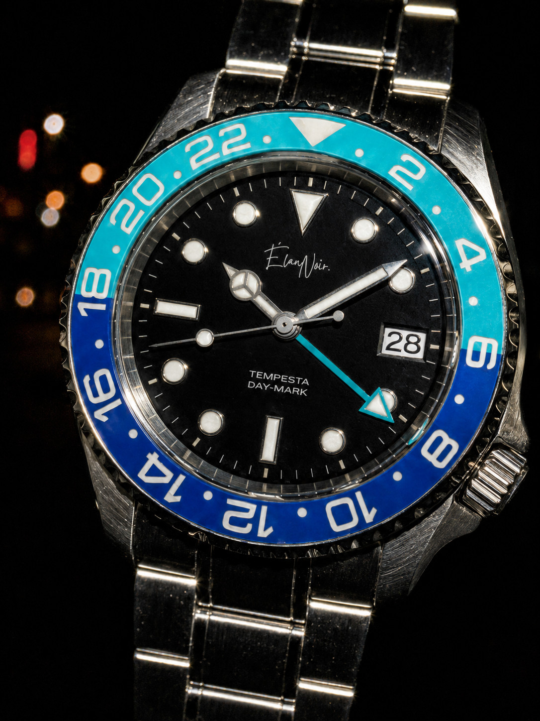 Élan Noir Tempesta Exhibition GMT Watch 41mm Steel Silver, Black & Blue NH35