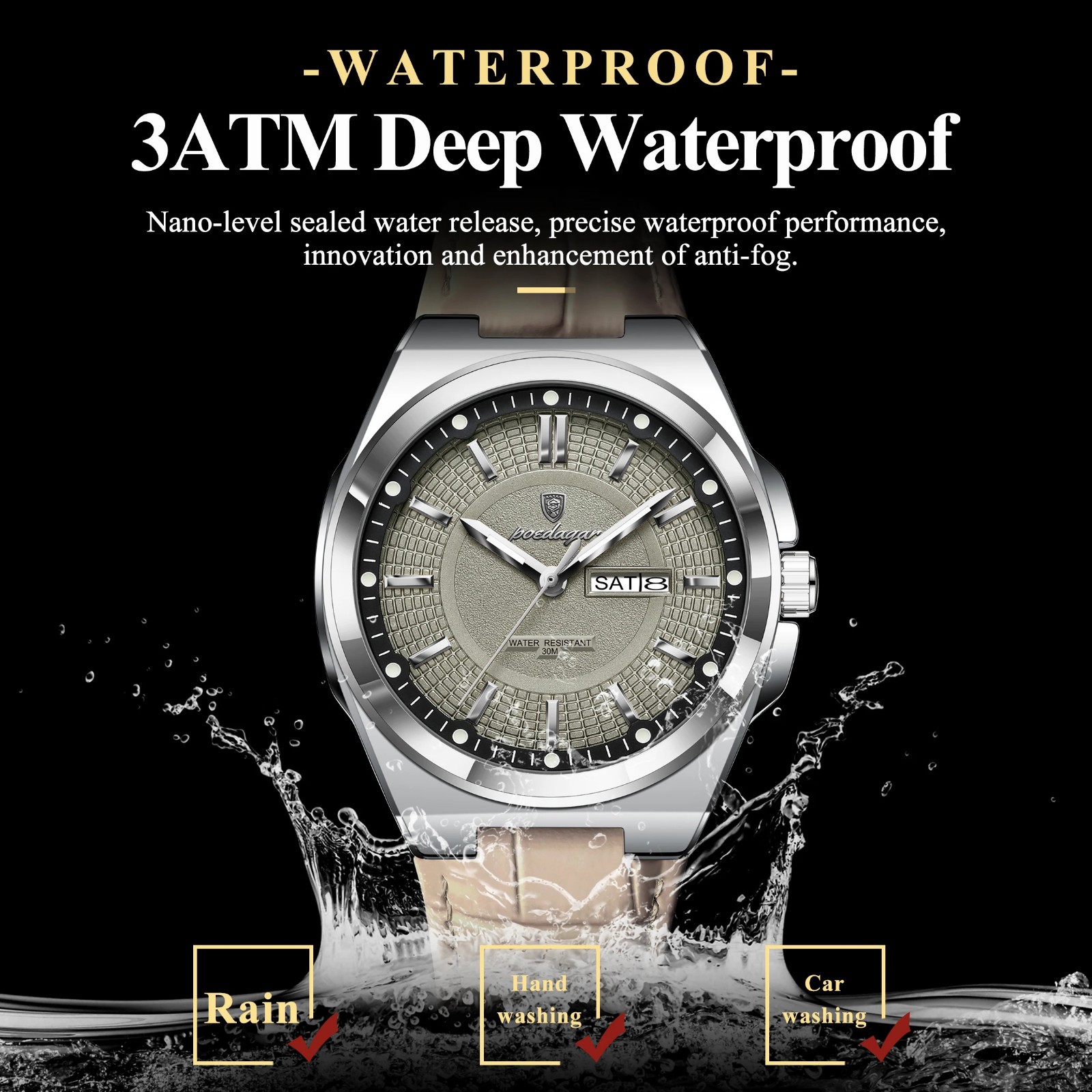 POEDAGAR Men’s Watch Waterproof Luminous Date Week Quartz Leather Business Watch