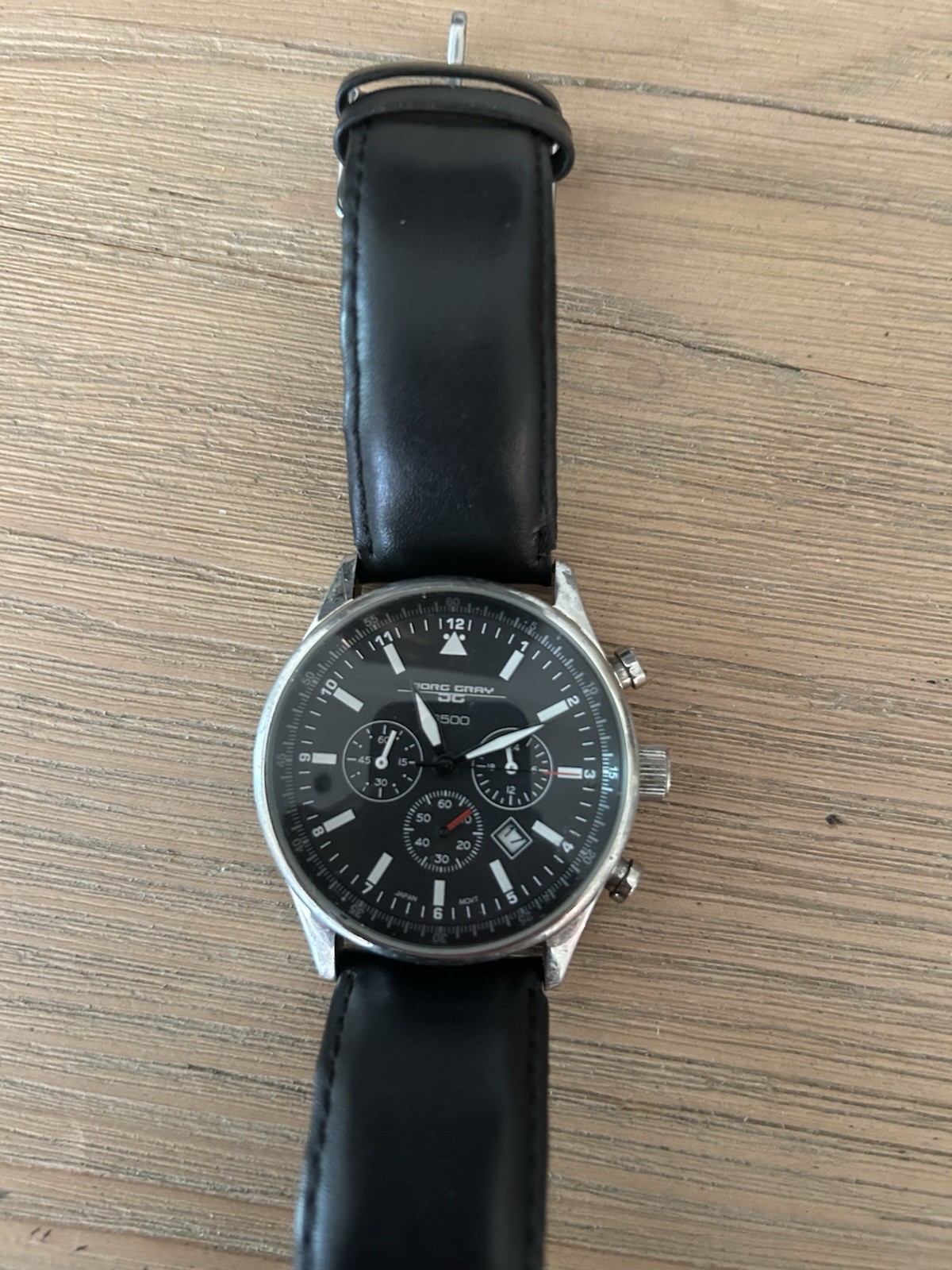Jorg Gray 500 Quartz Chronograph. Obama watch Dial SS Case Black Leather 44mm