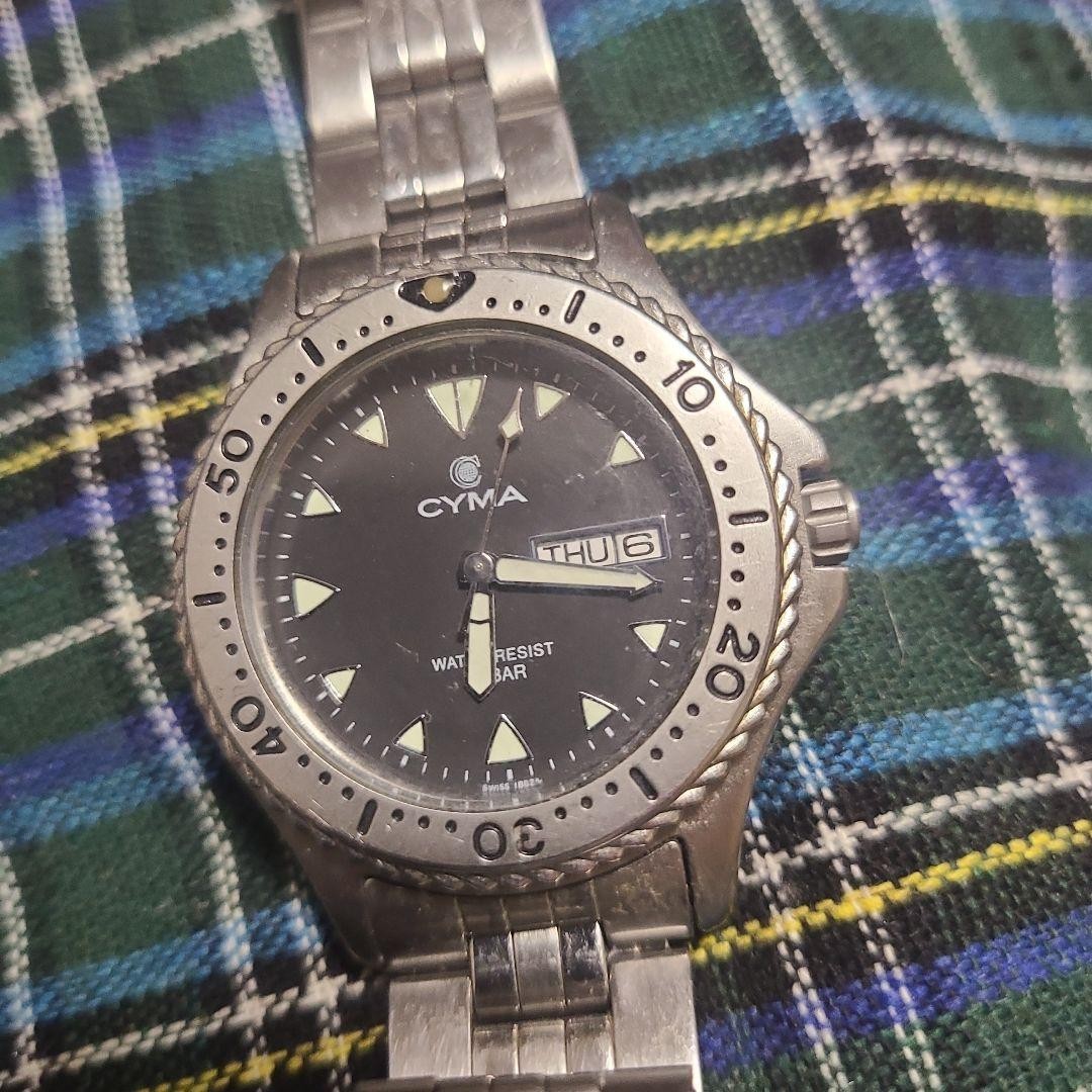 CYMA Swiss Diver Watch Quartz 200M Black Dial ETA Screw Crown 175mm Used