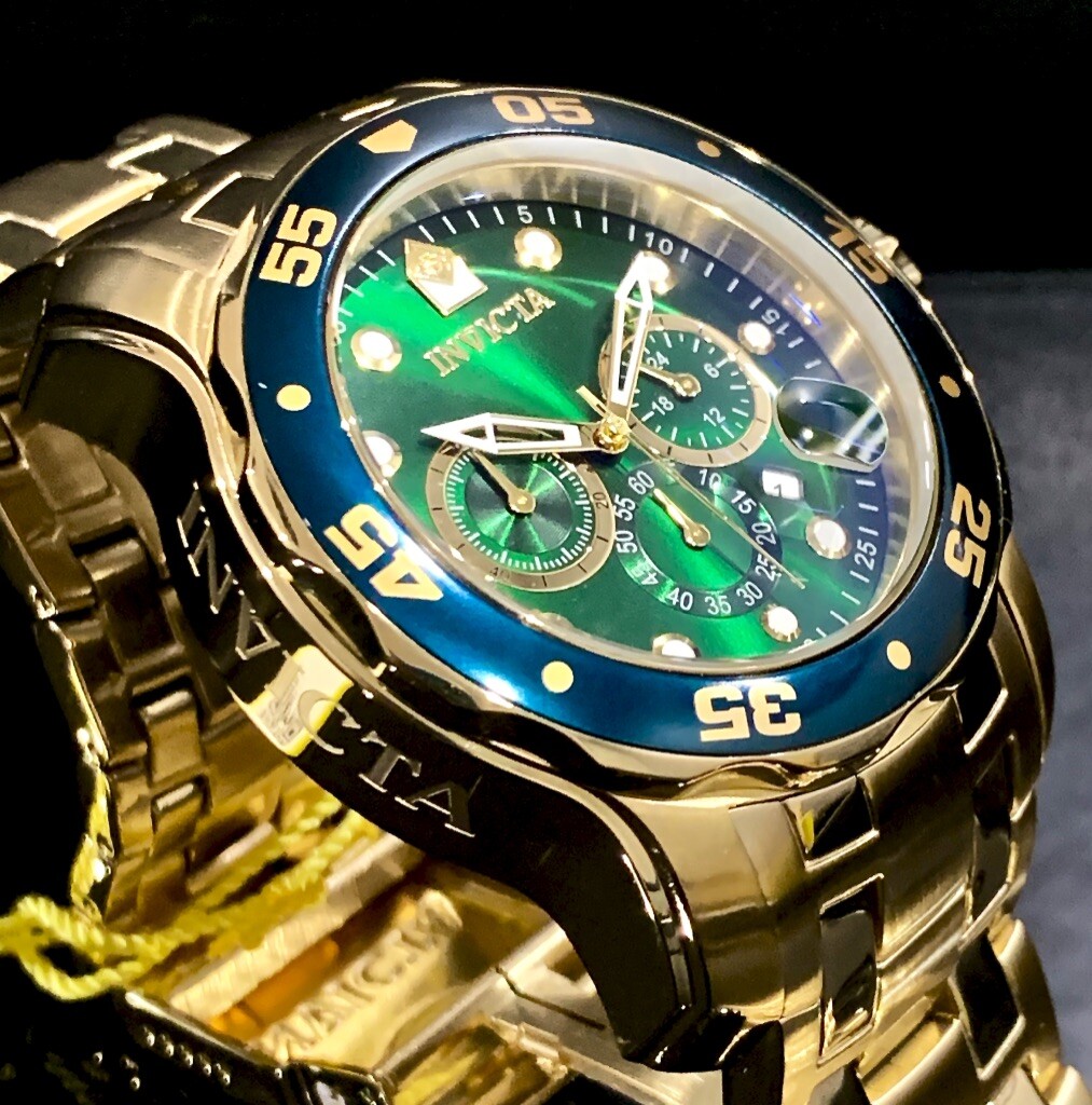 Invicta Mens Pro Diver Scuba Chronograph Green Dial 18Kt Gold Plated Watch 0075