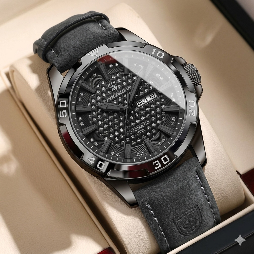 POEDAGAR Men’s Watch Black Textured Dial Dark Grey Leather Strap Date Week Quart