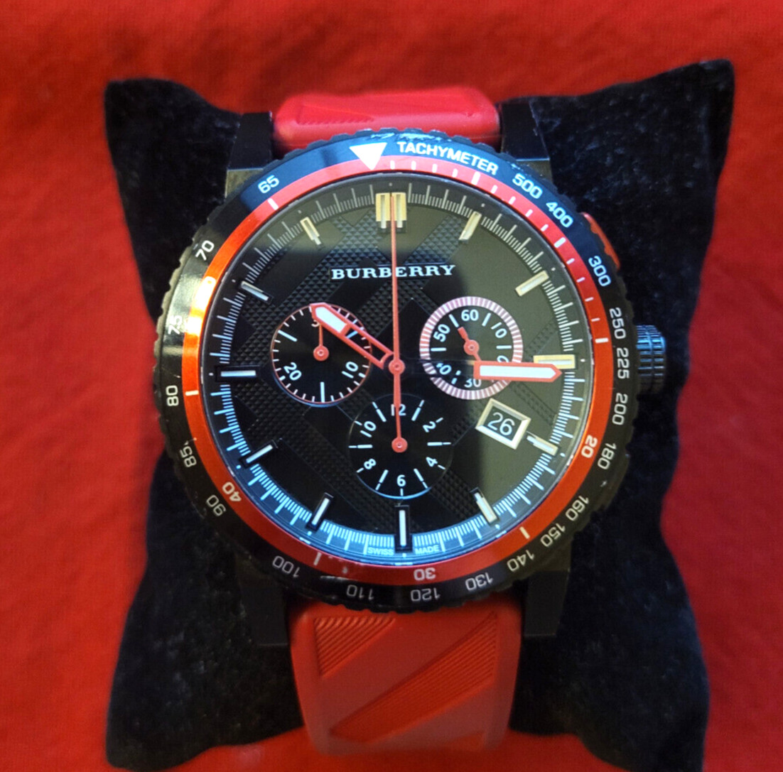 Burberry Black Dial The City Red Chronograph Mens 42mm Watch BU9805