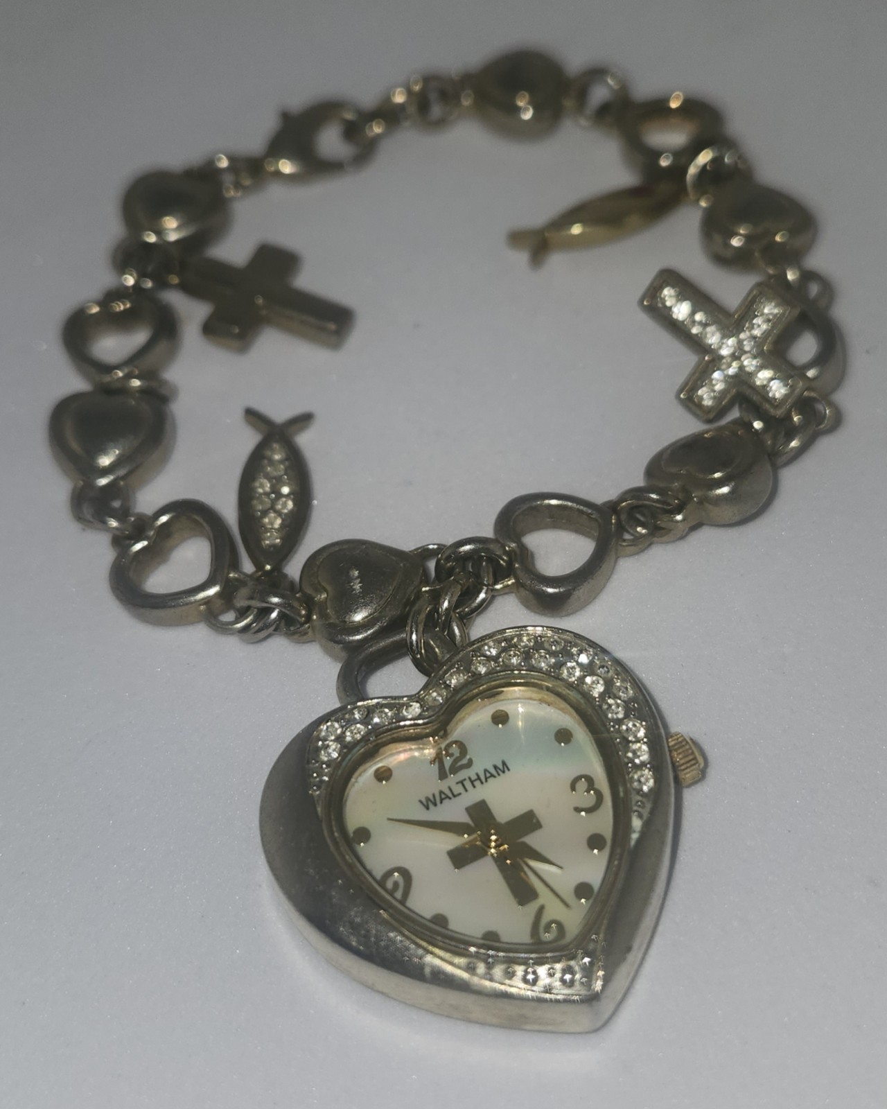 Waltham Heart Charm Bracelet Watch GoldTone Cross Ichthys Christian Untested Vtg