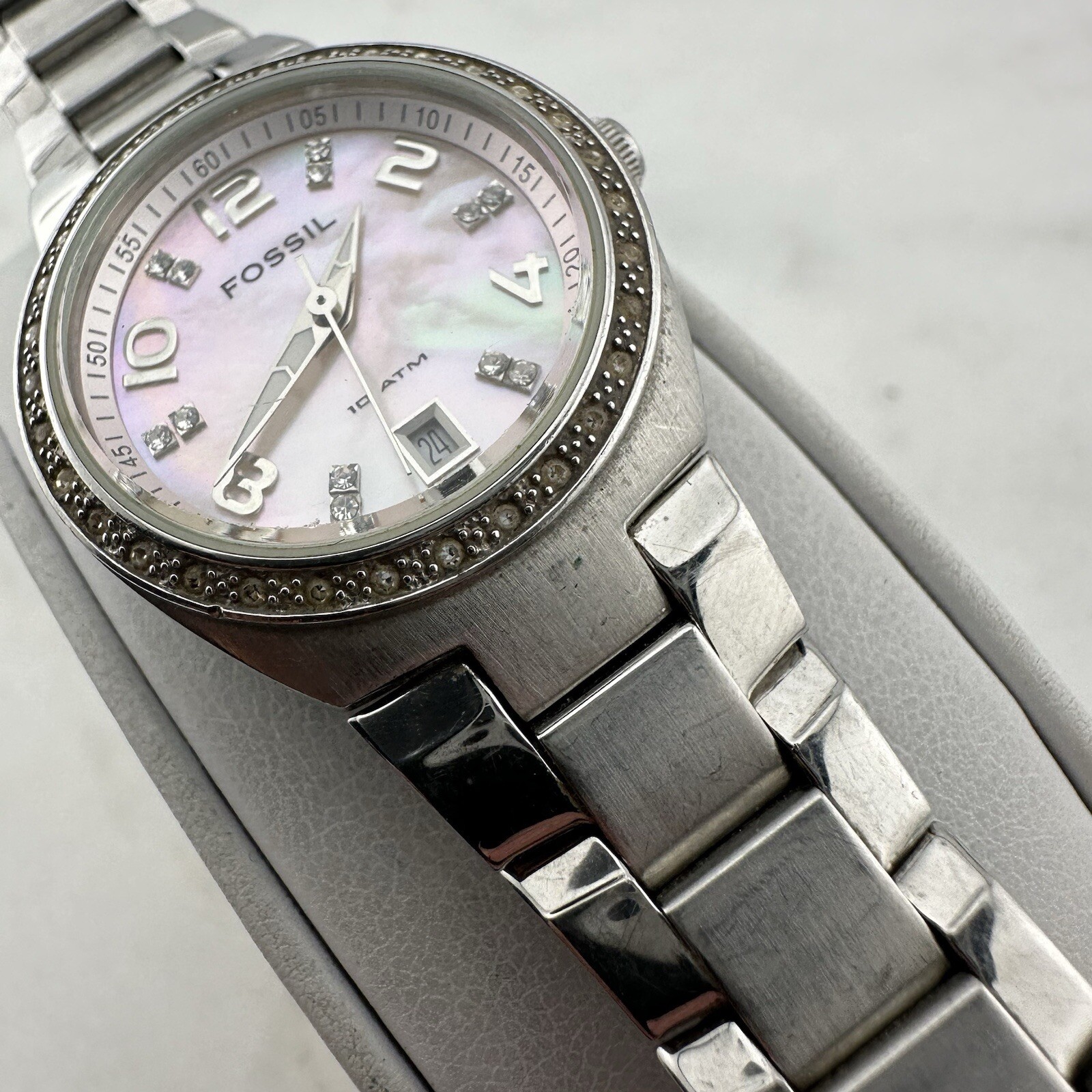 Fossil Flash Watch Women 28mm Silver Tone Date Bling MOP Dial New Battery Sz 6”