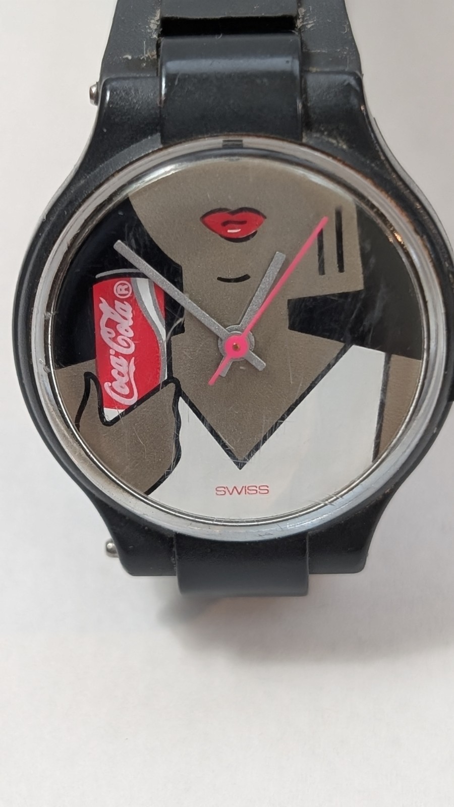 Vintage 1990s Swatch Coca‑Cola Girl Pop Art Watch Swiss Quartz Black Strap