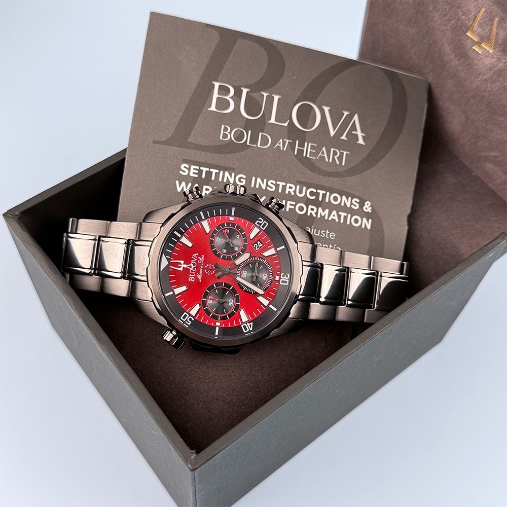 Men’s Bulova 98B350 Marine Star Chronograph Red Dial Quartz Watch 43mm