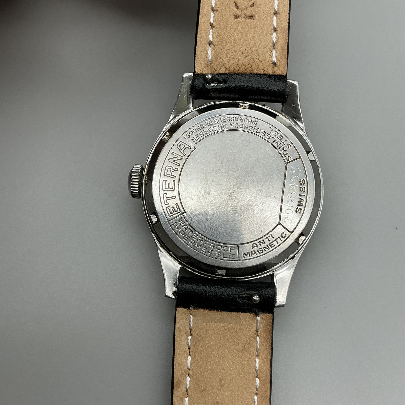 Vintage Eterna Mens Watch 30mm Patina Dial Stainless Black Leather Manual Wind