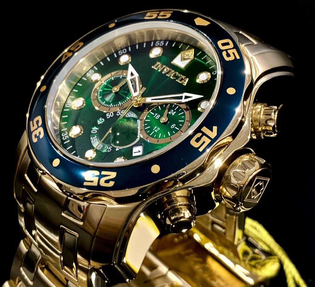 Invicta Mens Pro Diver Scuba Chronograph Green Dial 18Kt Gold Plated Watch 0075