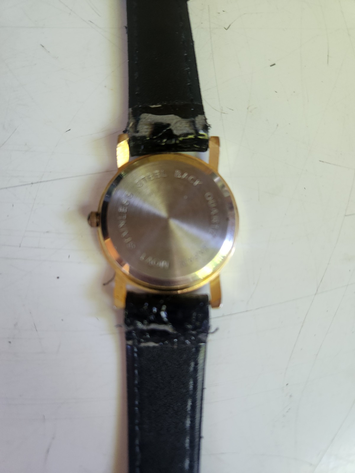 Diamond Quartz Diamond Accent Quartz Analog Watch Black Dial Gold Case Leather