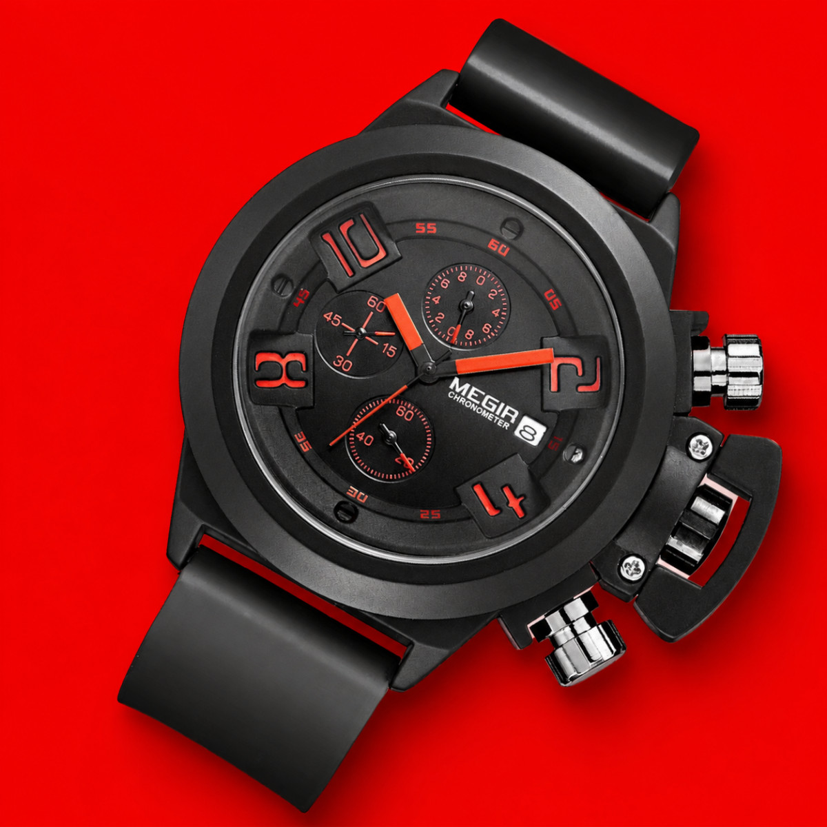 Men’s Sporty Watch Silicone Band Quartz Black Orange Red Dial Wristwatch Megir