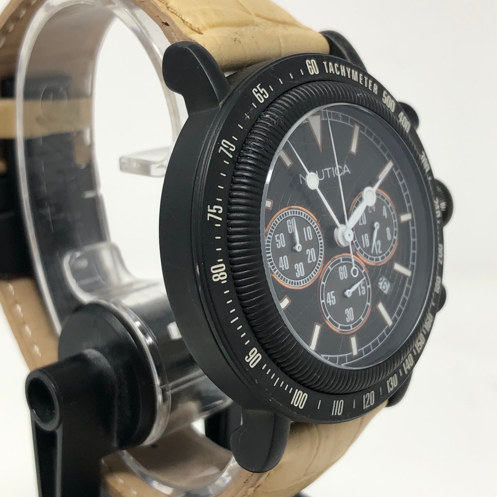 Nautica PVD Mens Chronograph Watch A23500 100m Screw Down Crown NEW BATTERY RUNS
