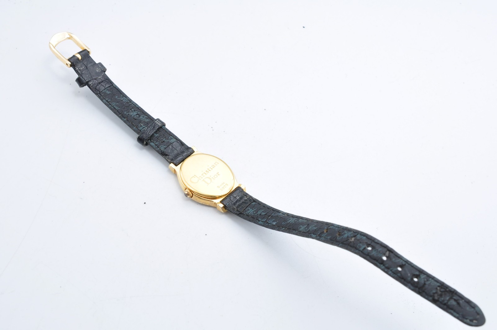 Christian Dior 3009 Watch Women Gold Tone Oval Dial Black Leather Auth w-1354