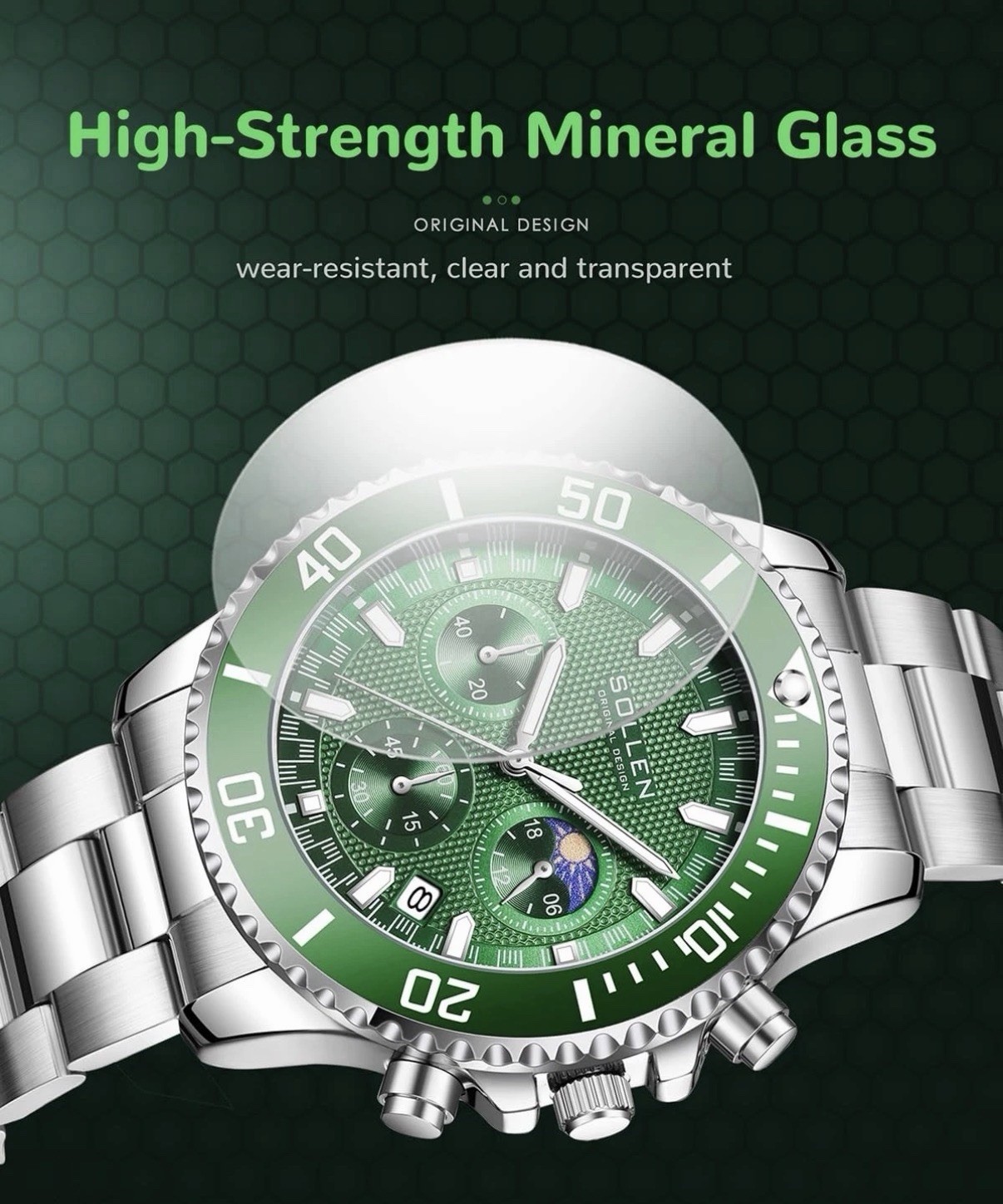 Men’s Sollen Green Chronograph Watch! Analog Quartz, Formal, Classic & SLEEK!!