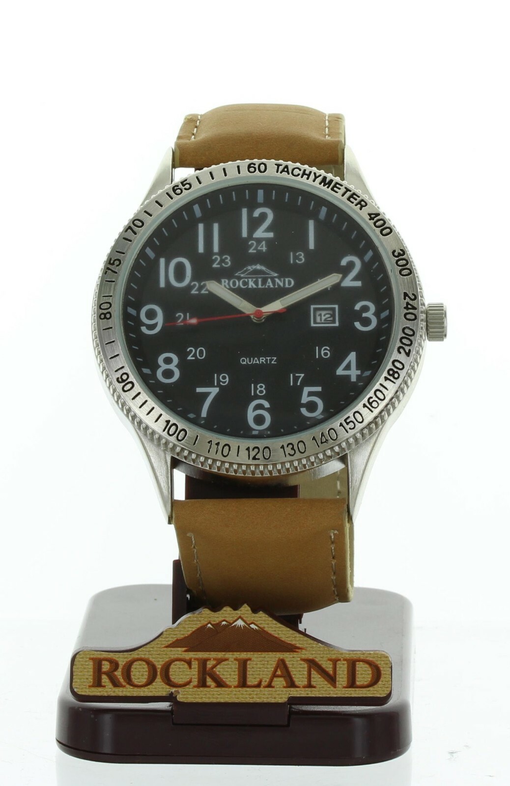 CLASSIC MENS ROCKLAND QUARTZ WATCH WITH DATE INDICATOR BLACK DIAL LIGHT BROWN BA