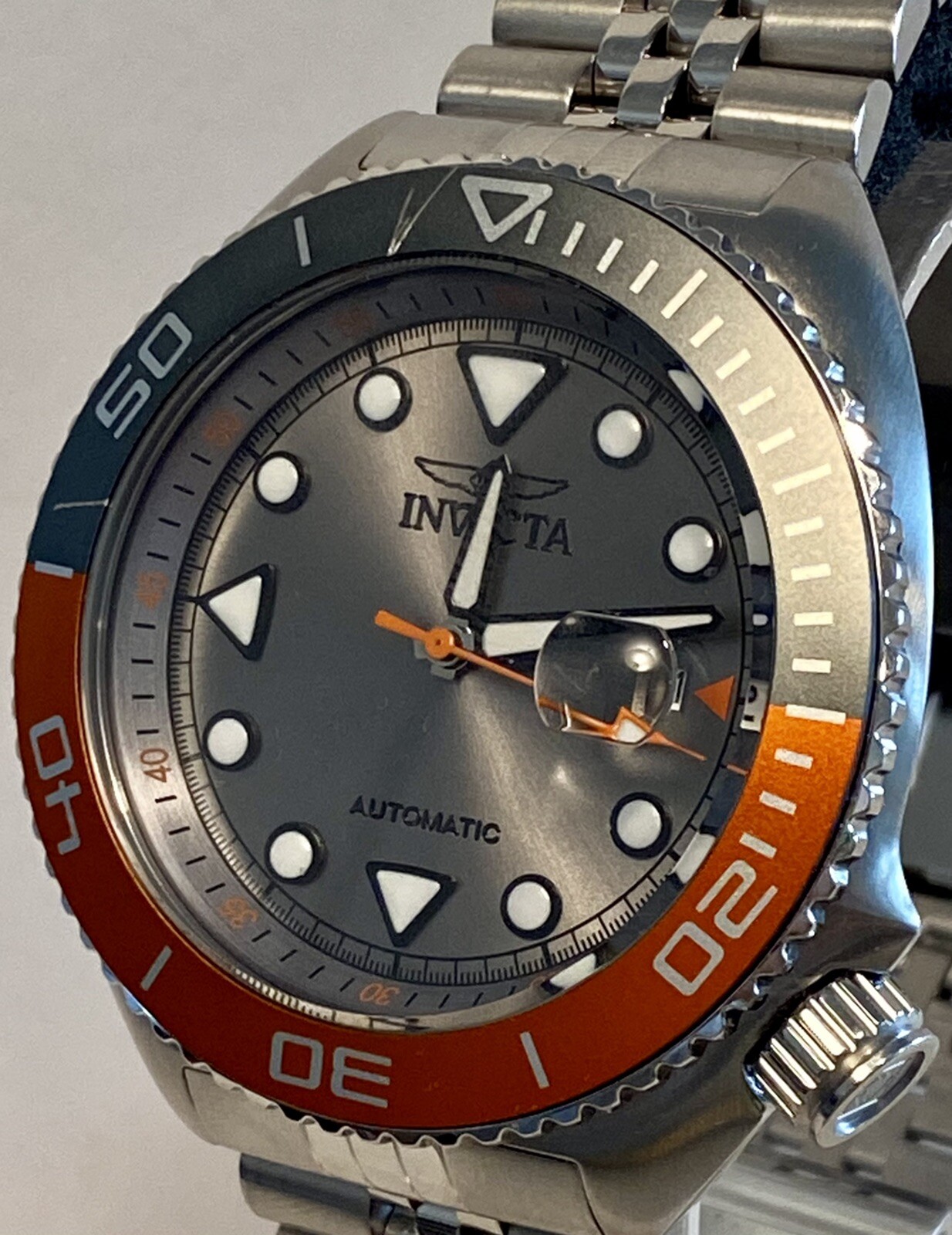 Invicta Sea Wolf Gray/Orange/Silver-tone Bracelet Auto 47mm Pro Diver Mens Watch
