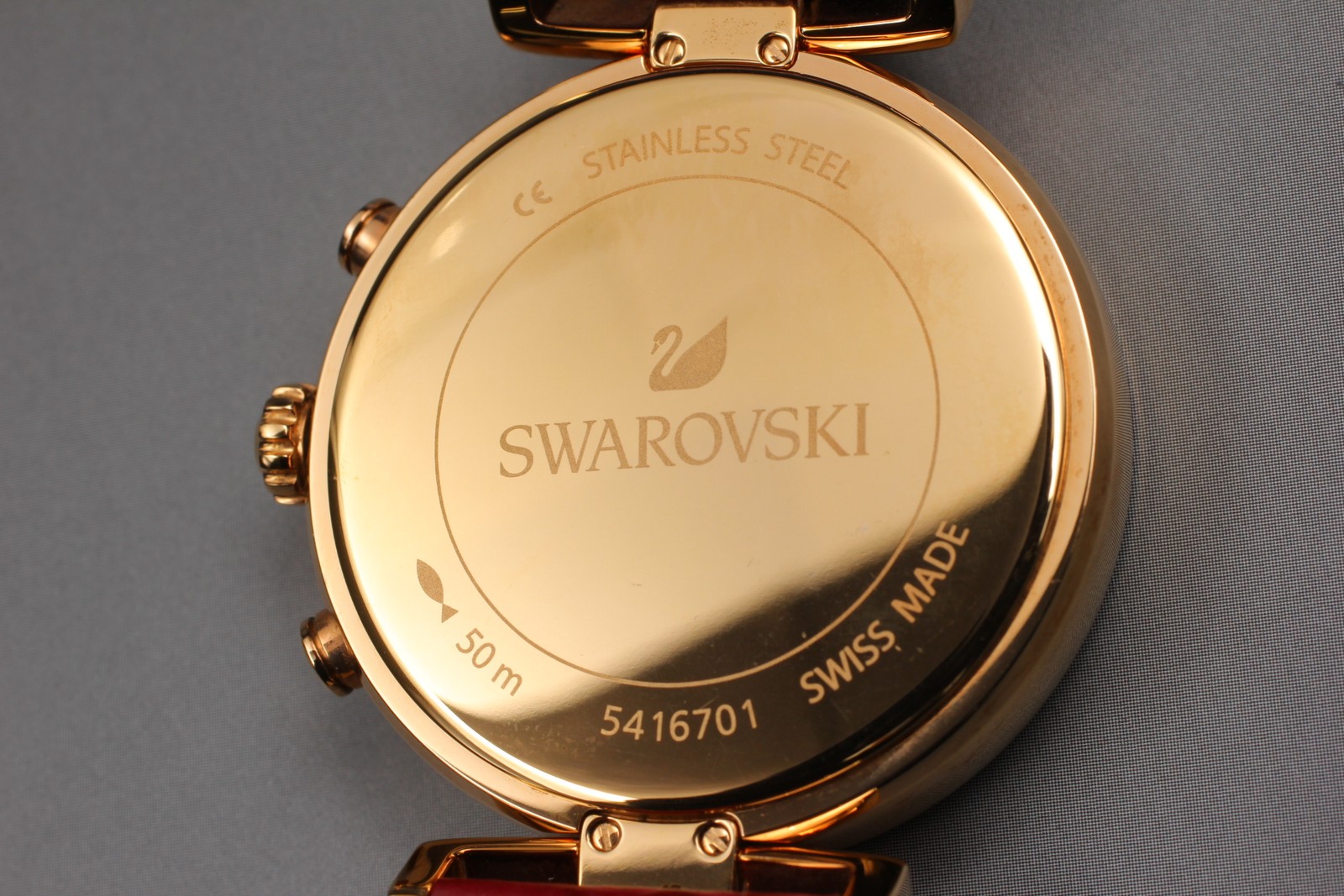 Top MINT Swarovski Chronograph Swiss Made Quartz Red Rose Gold Watch From JAPAN