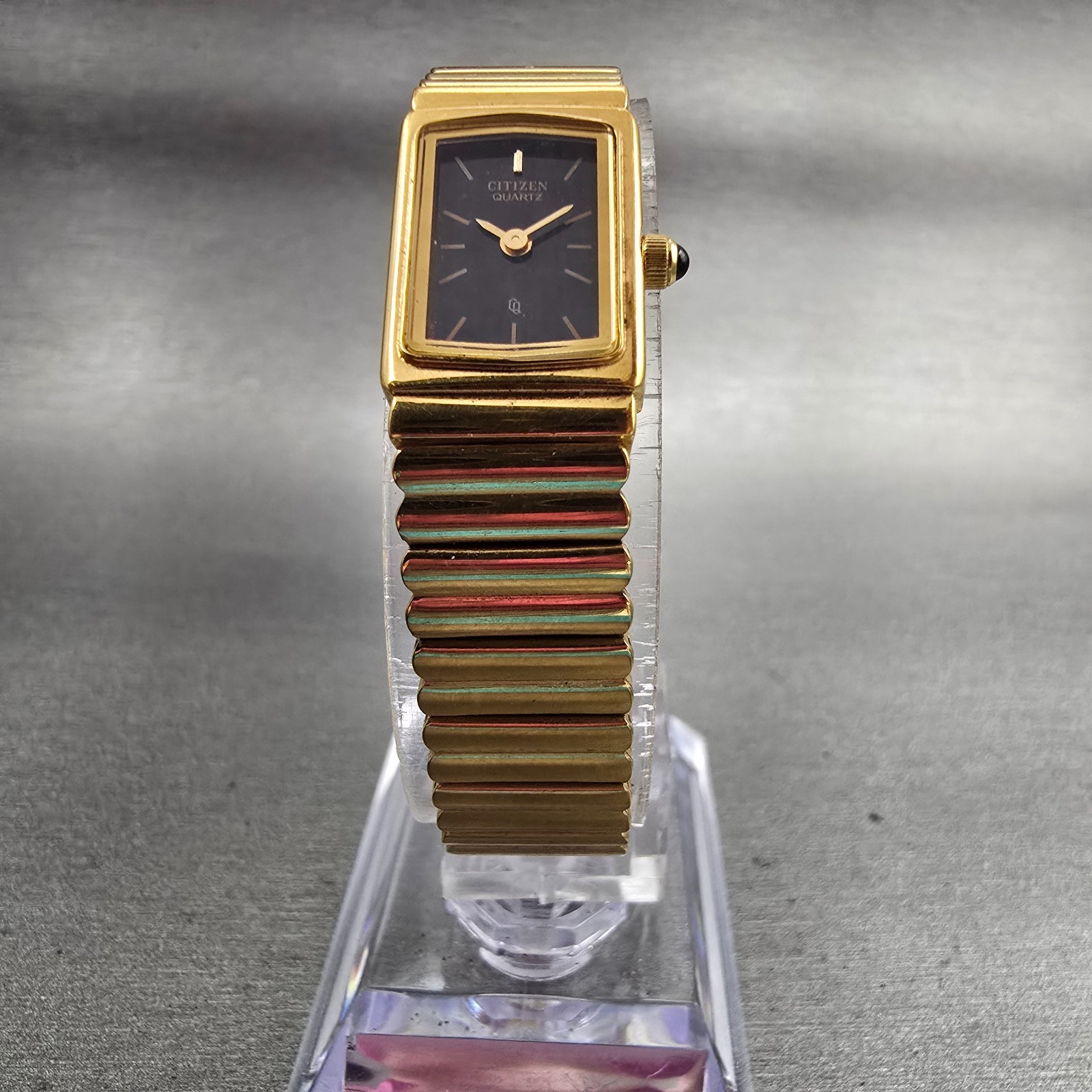 Citizen CQ Watch Women 13mm Black Dial Gold Tone Rectangle 2200-S11917 New Batt