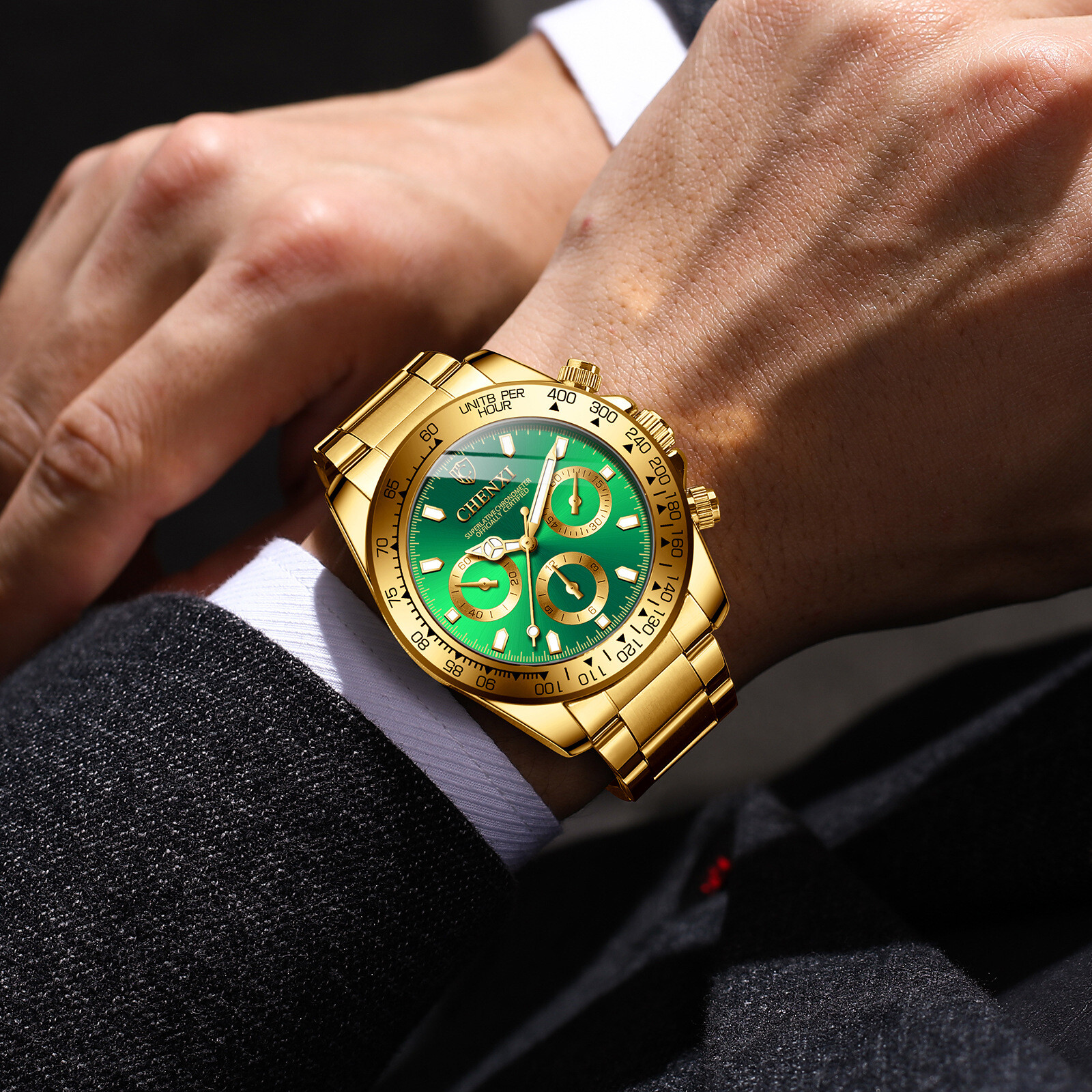 Men Gold Stainless Steel 30m (3 atm) Waterproof 3 Decoration Dials Quartz Watch