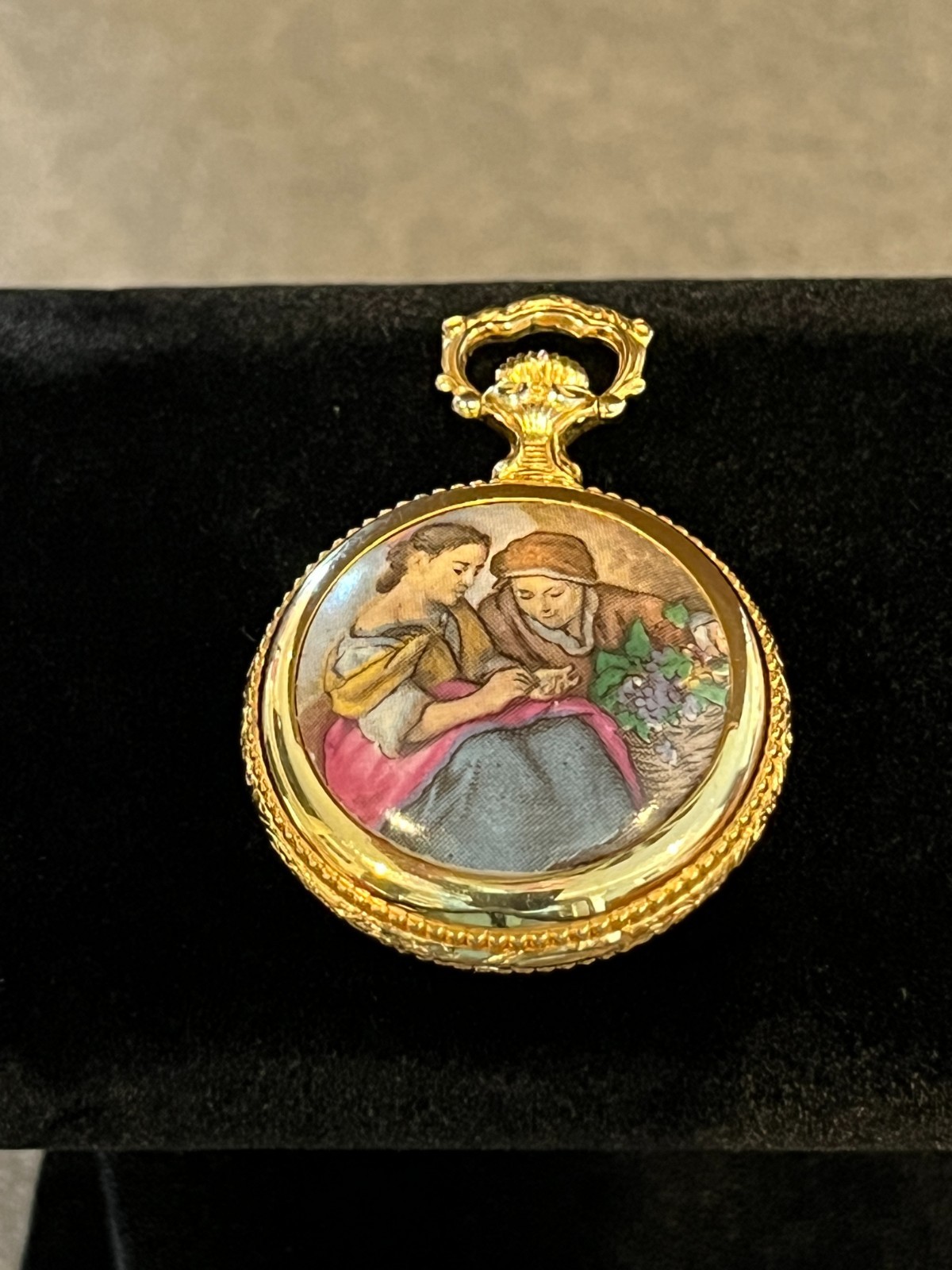 Vintage Arnex 17 Jewel Pocket Watch Gold Filigree Dial Enamel Vineyard MINT