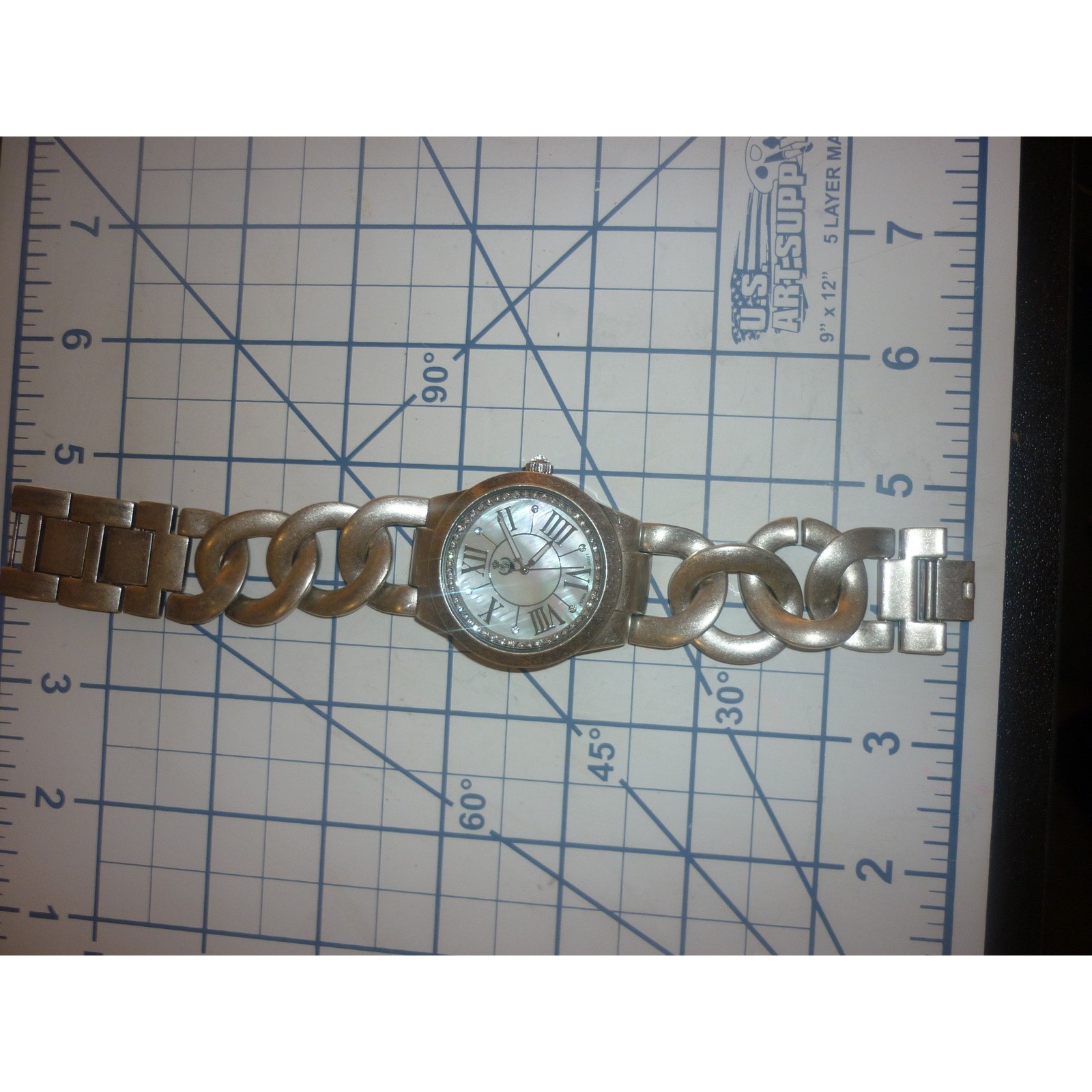 Premiere Designs Watch 9429 Silver Tone Chain Link Mother of Pearl Rhinestone