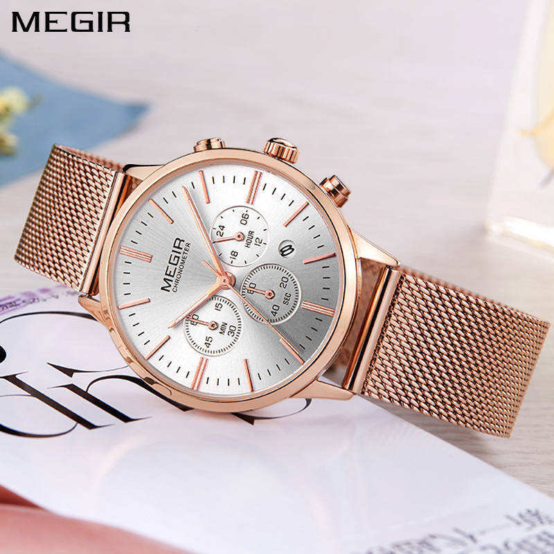 MEGIR Brand Luxury Women Watches Mesh Band Quartz Ladies Chronograph Wristwatch
