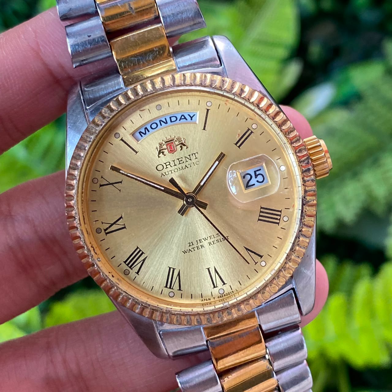 RARE Orient Automatic President Day Date Roman Index Gold Dial Two Tone Watch