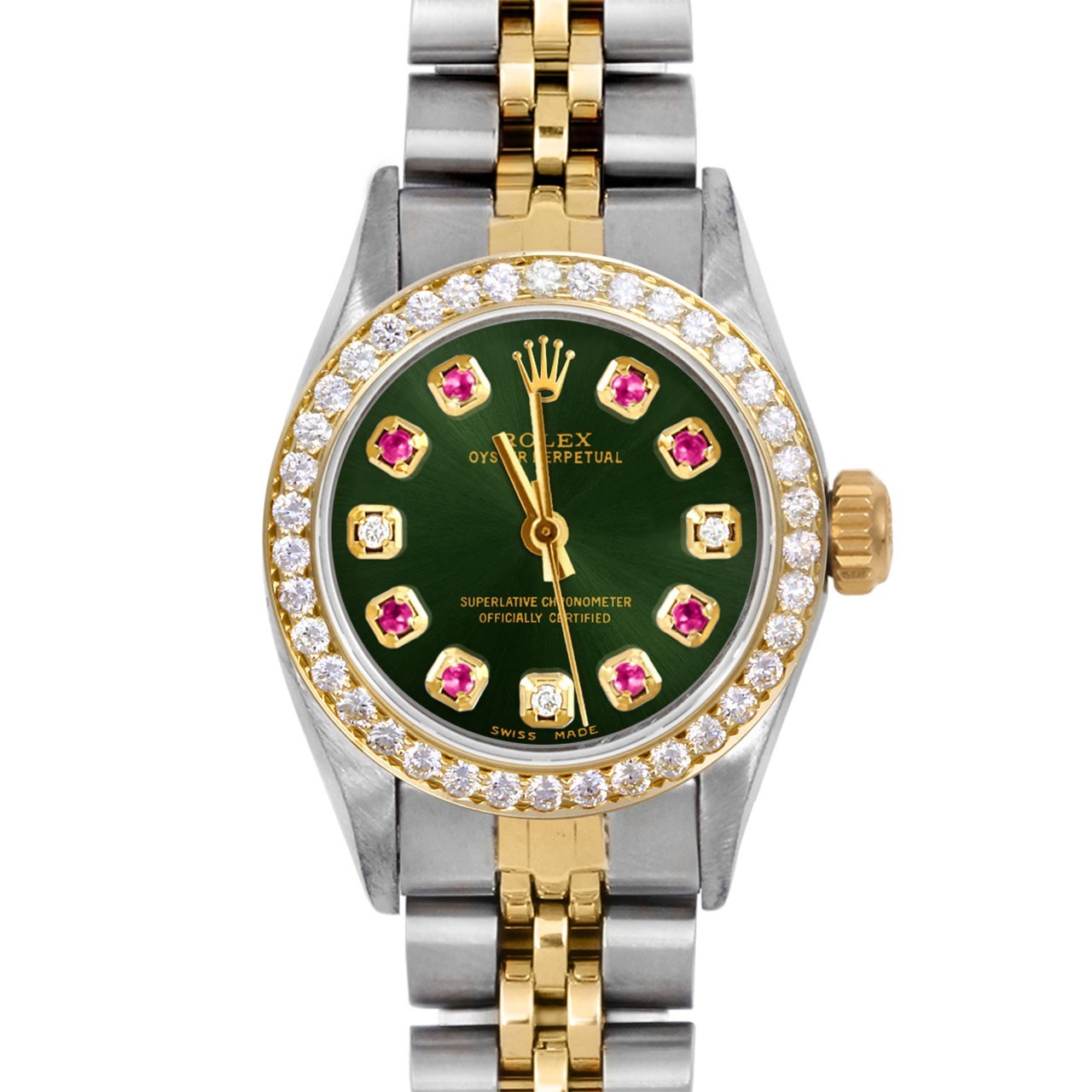 Rolex Lady TT Oyster Perpetual Green Ruby Diamond Dial Diamond Bezel Jubilee