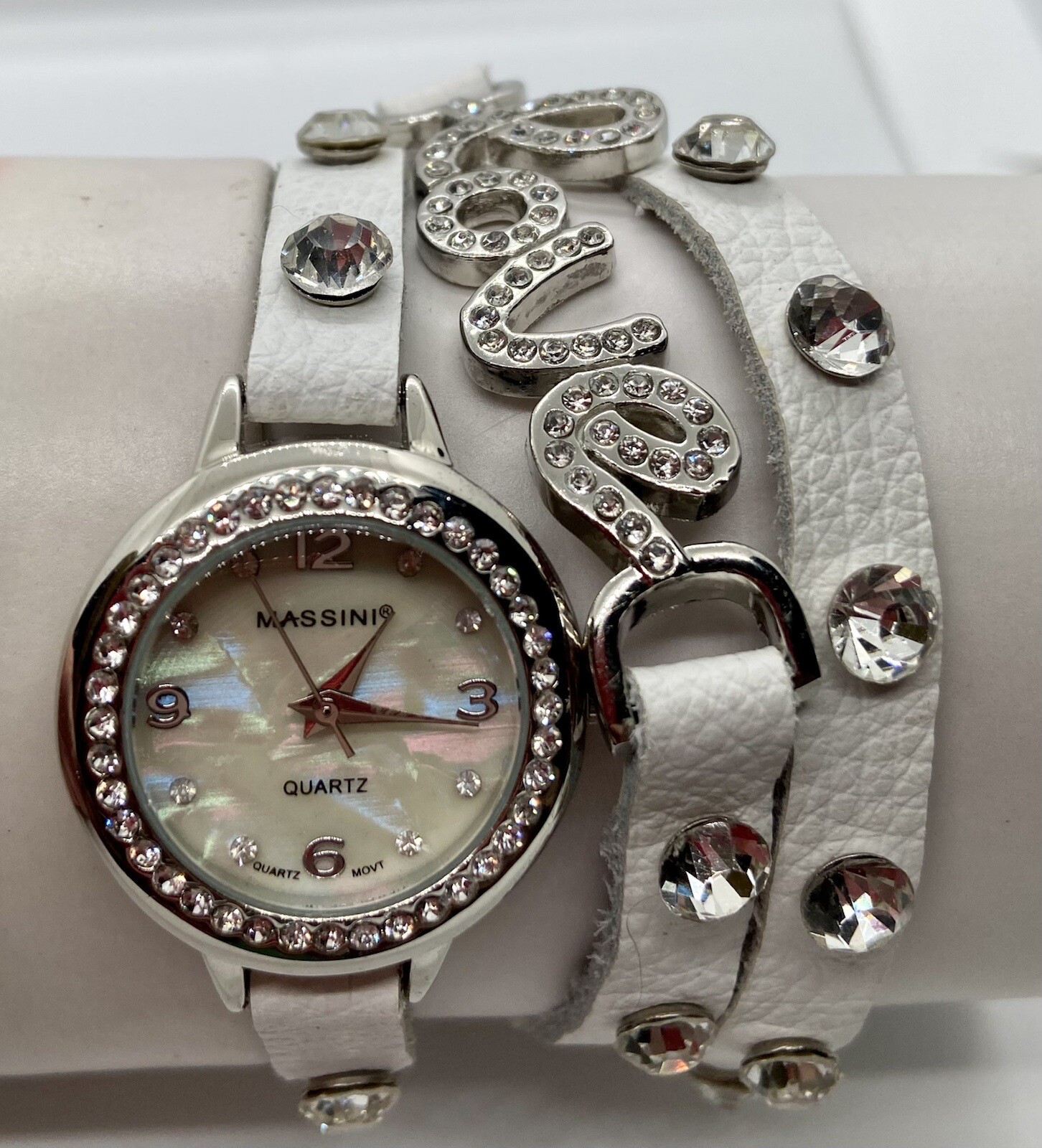 MASSINI Ladies Watch New Battery LOVE Triple Wrap Strap Lots Of Crystals Iced