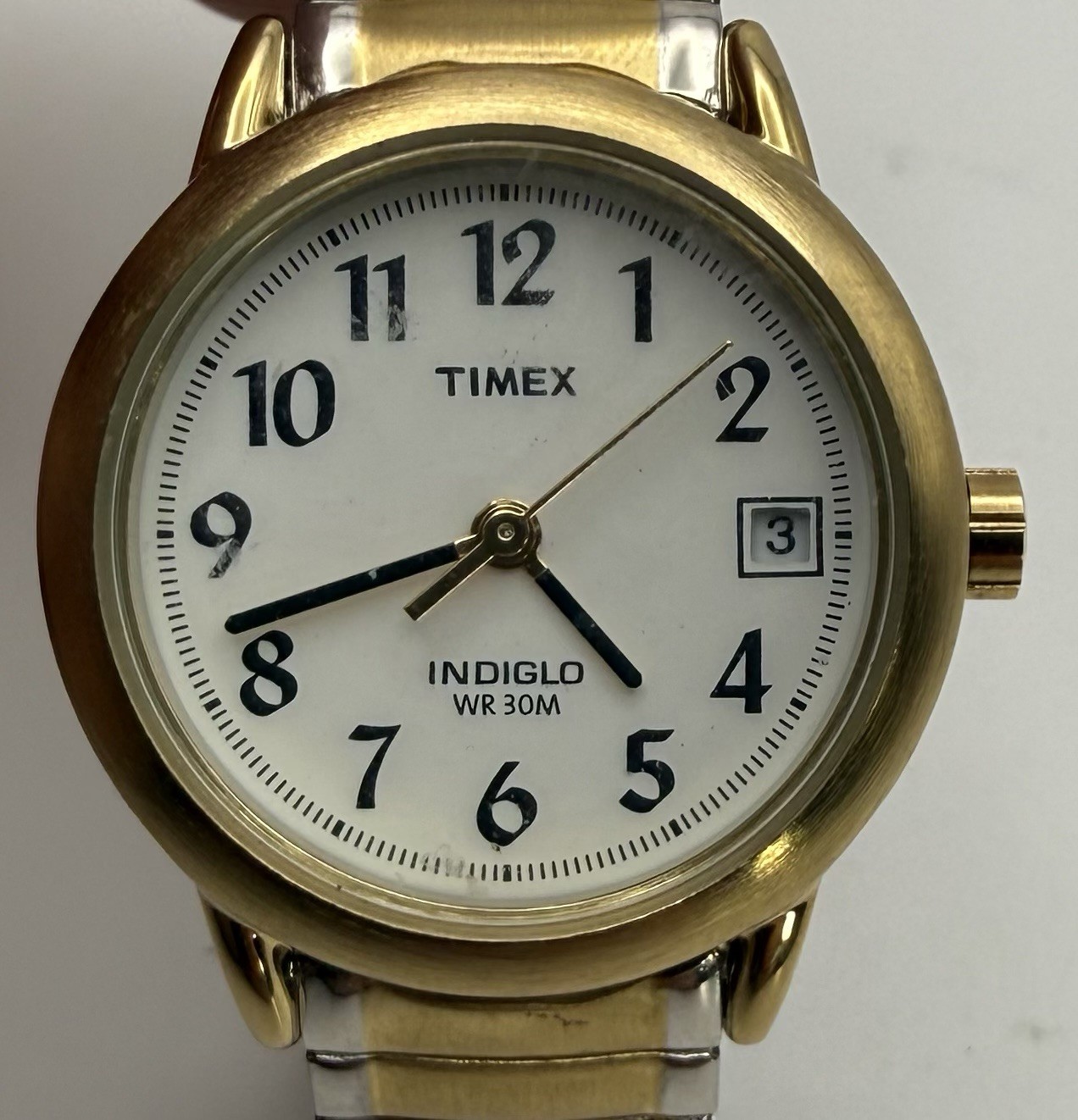 Timex Indiglo Quartz Casual Two-Tone SS Bracelet White Arabic Dial Date WR30M