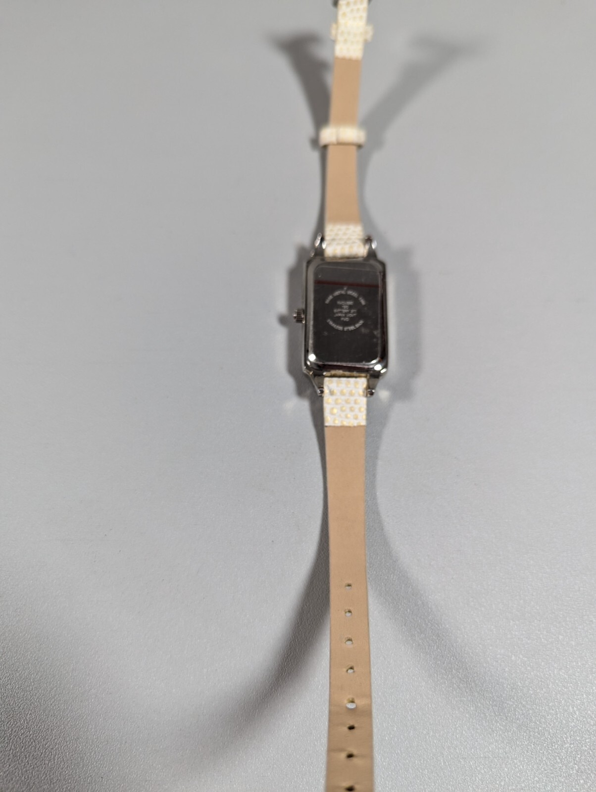 Silver Tone Dial Rectangle Case White Faux Leather Band Watch