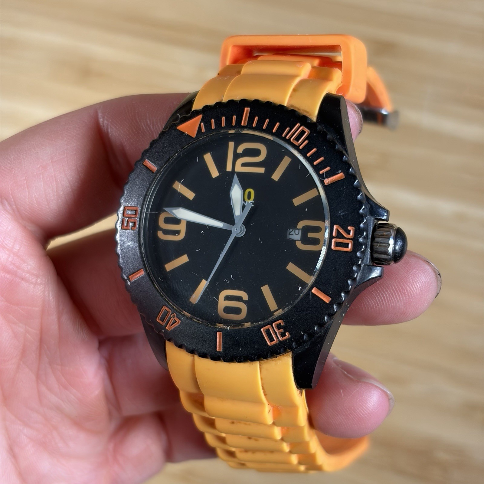 40NINE 46mm Quartz Watch with Black Dial and Orange Silicone Rubber Strap