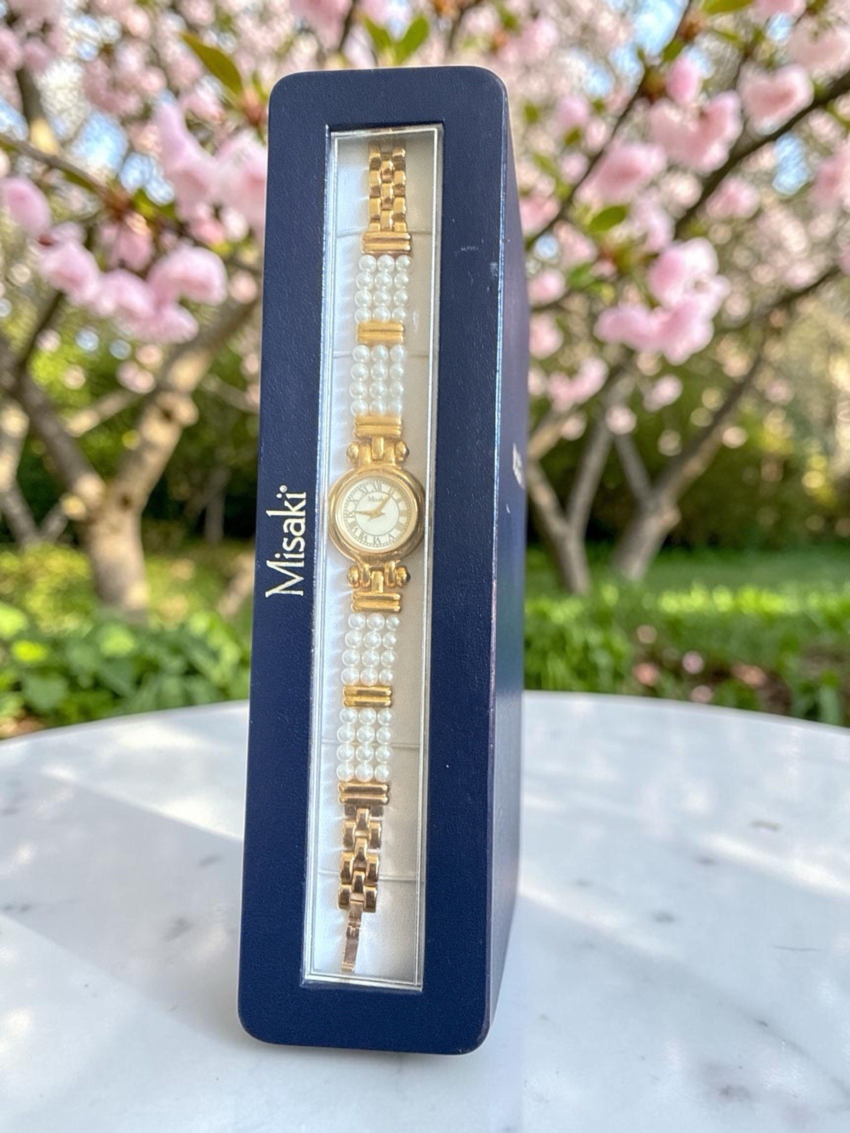 MISAKI Pearl & Gold Tone Bracelet Watch Mother Of Pearl Round Face NIB Elegant!