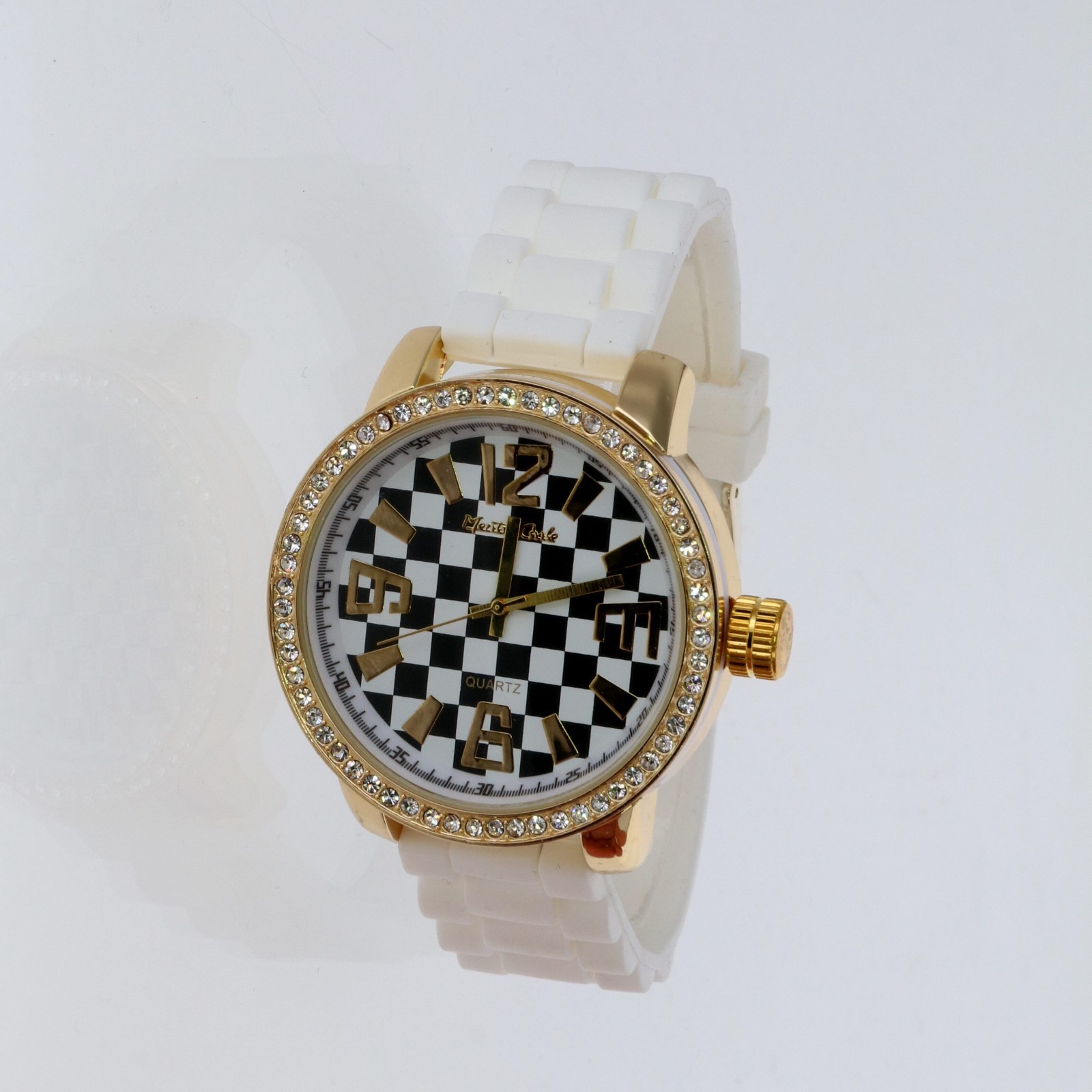 Montres Carlo Two Tone Chess Print Rhinestone on Bezel Watch Faux Leather Band