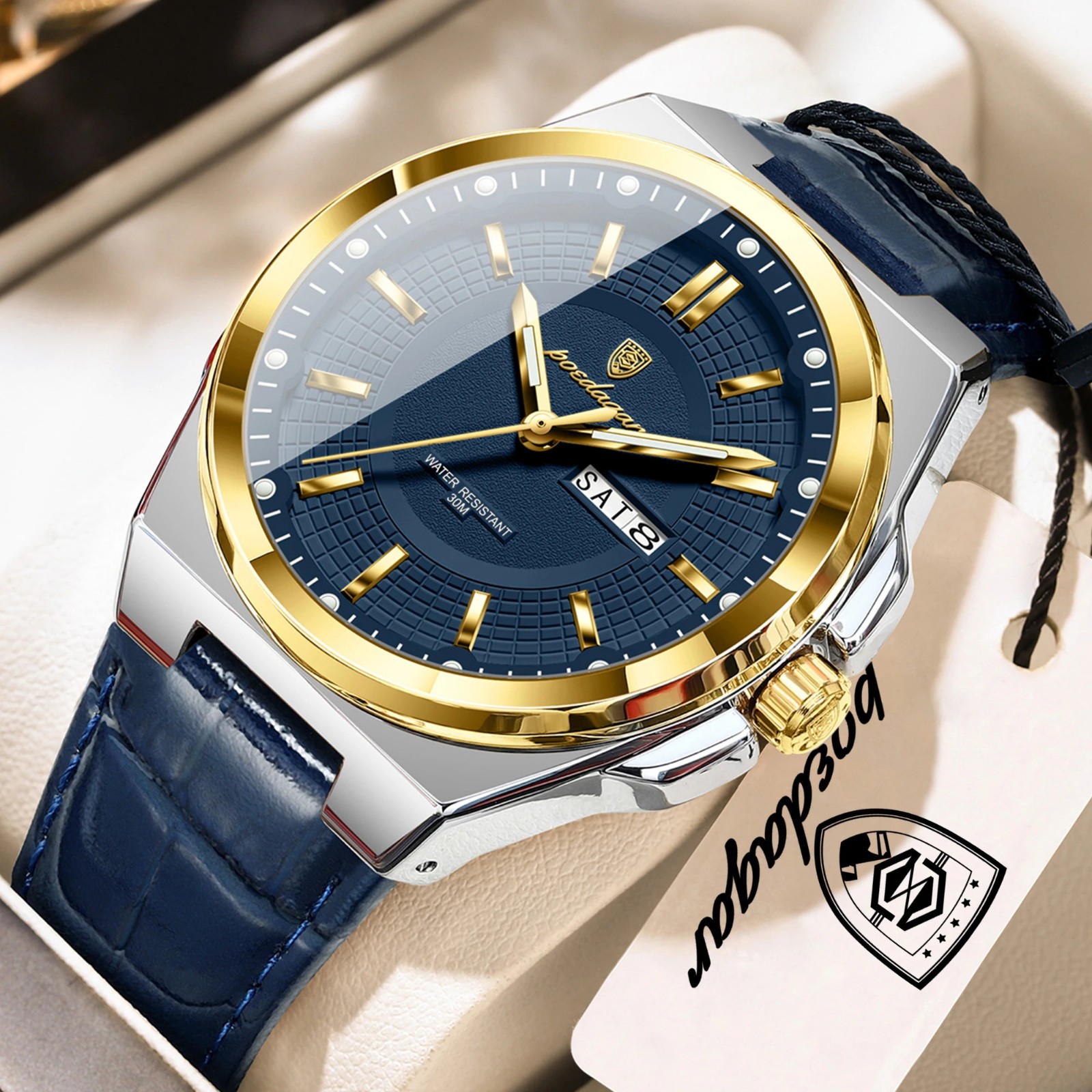 POEDAGAR Men’s Watch Waterproof Luminous Date Week Quartz Leather Business Watch