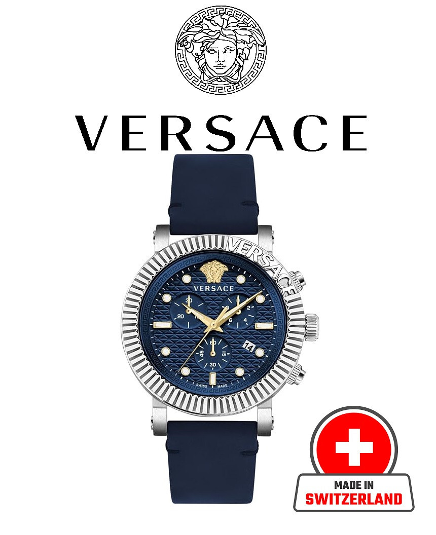 Versace Mens V-Chrono Watch Classic 45mm Strap Watch Blue Guilloche Dial Swiss