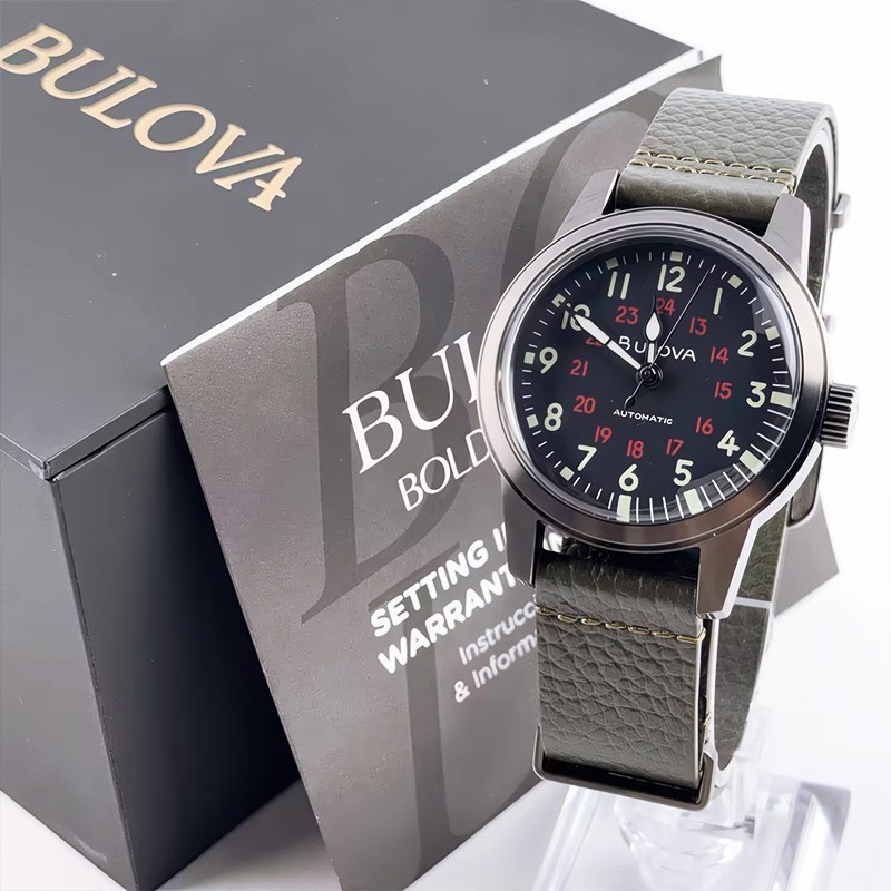 Bulova Hack 98A255 Black Dial Green Leather Strap Men’s Automatic Watch 38MM