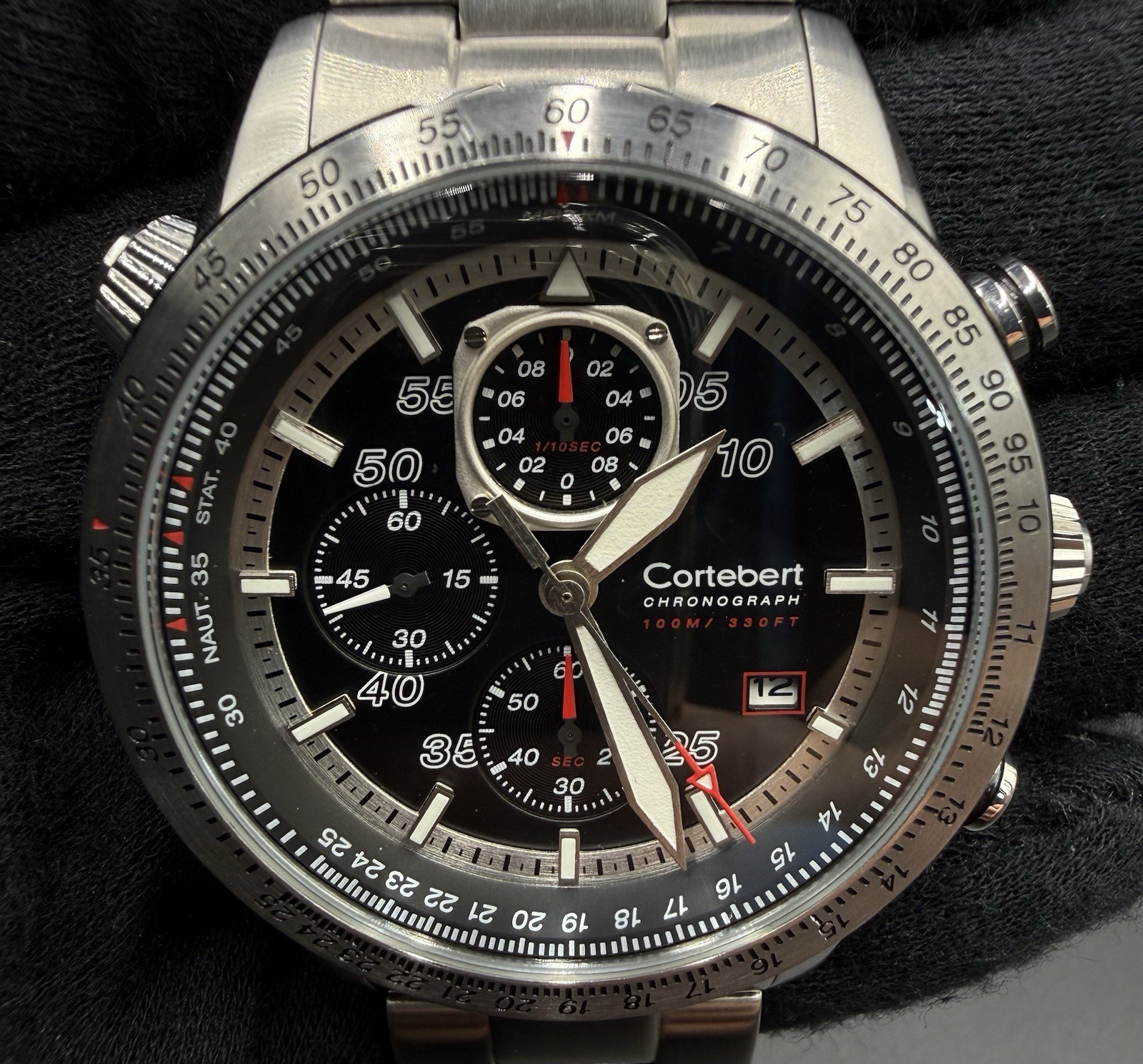 Cortebert Elevation Men’s 44MM Pilot Chronograph Date Watch CB-3003 Slide Rule