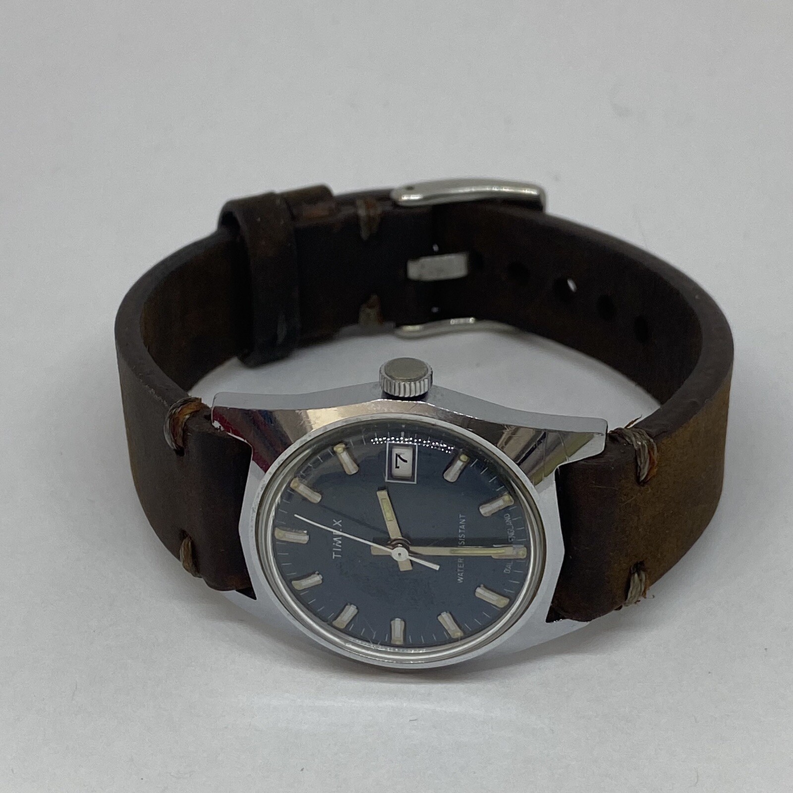 Timex Marlin Watch Mechanical England Blue Dial Rare Day Running W/ Leather Band